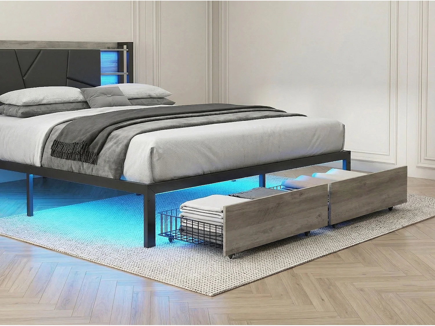 Lit Coffre 140x200 Noir avec Rangement, LED, Tête de Lit avec Étagères - Sommier à lattes - Rangement tiroirs