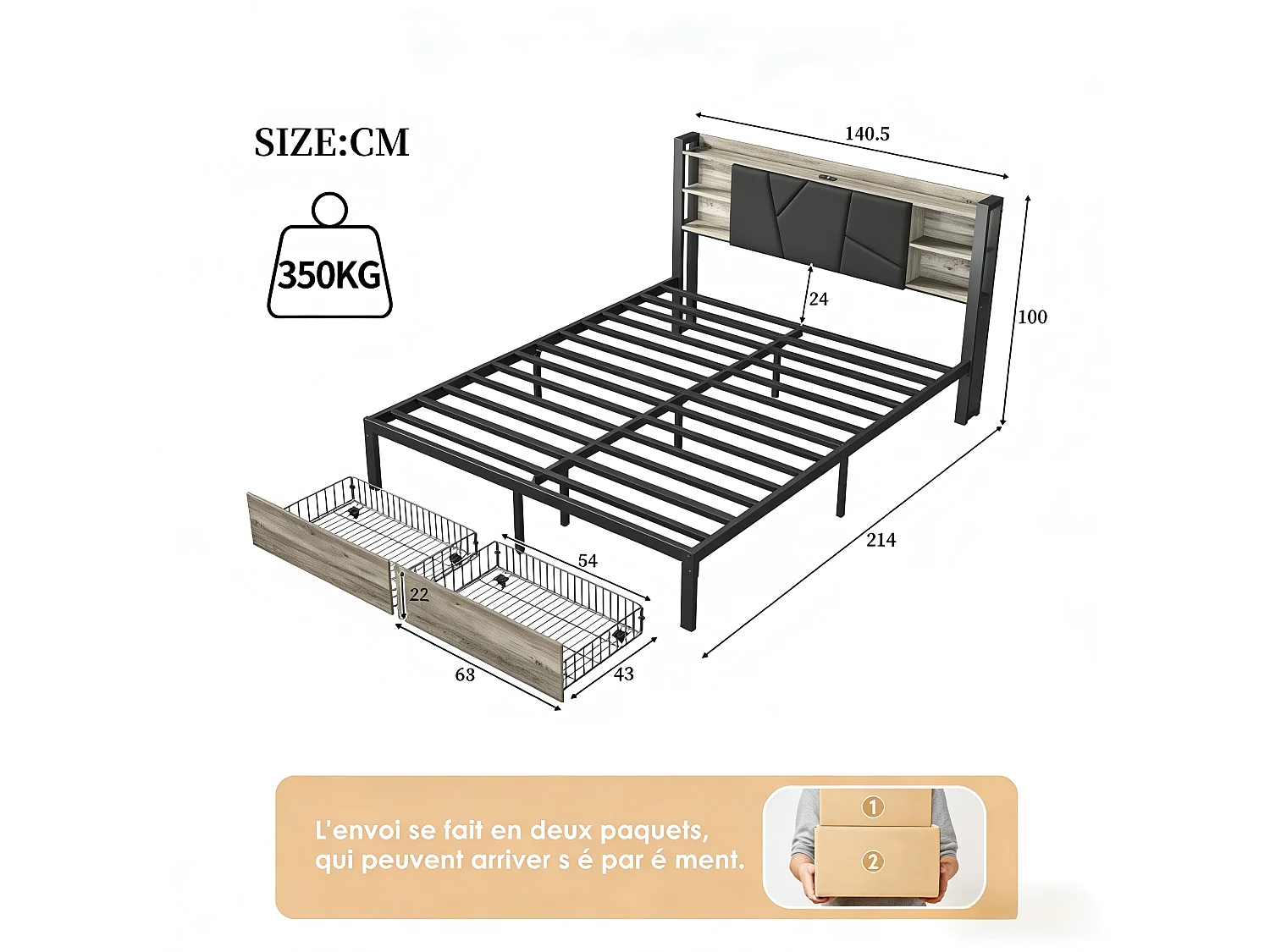 Lit Coffre 140x200 Noir avec Rangement, LED, Tête de Lit avec Étagères - Sommier à lattes - Rangement tiroirs