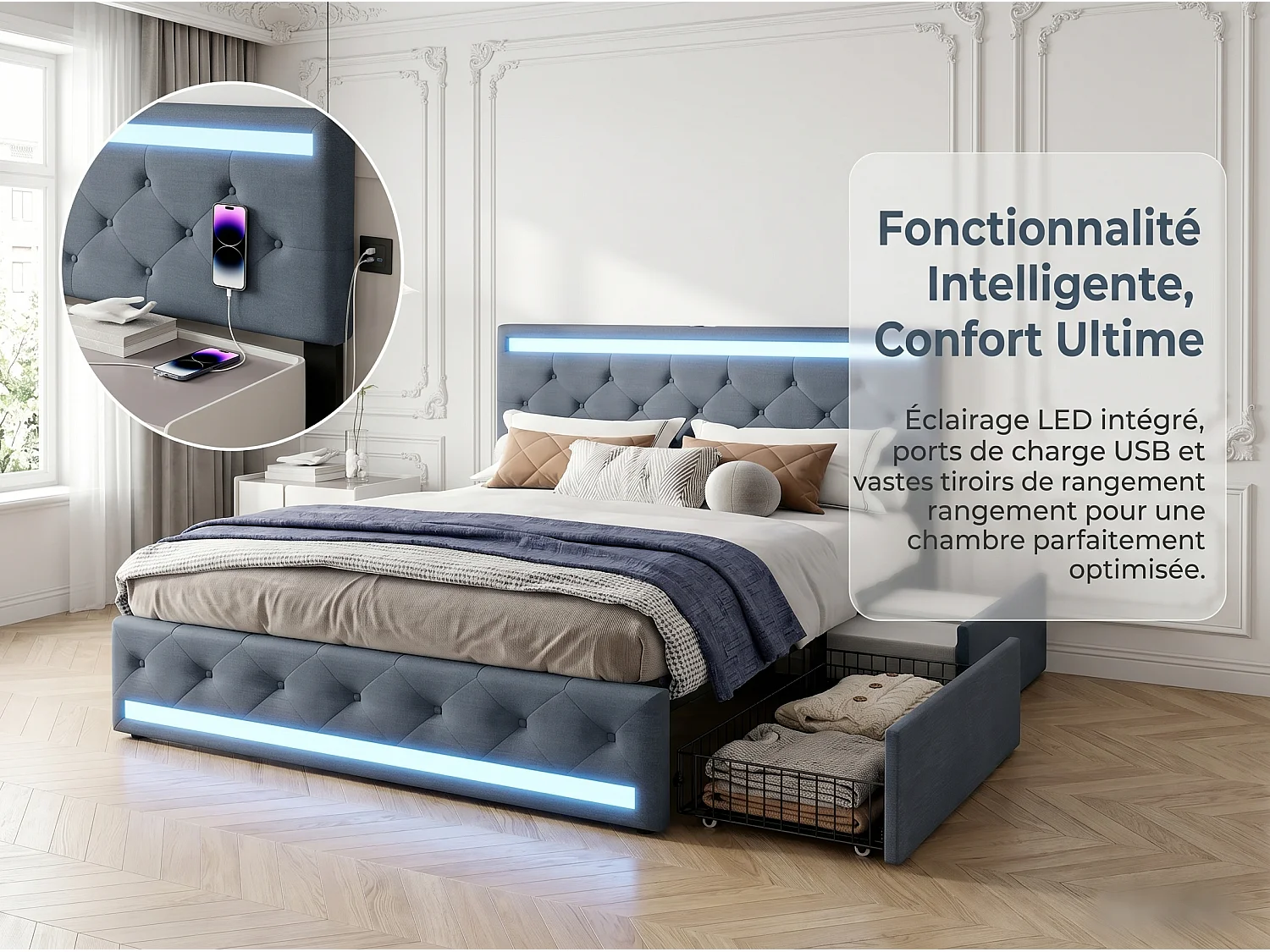 Lit coffre 140x190 cm gris avec tiroirs Lit double en tissu effet lin avec sommier à lattes LED et 4 tiroirs de rangement