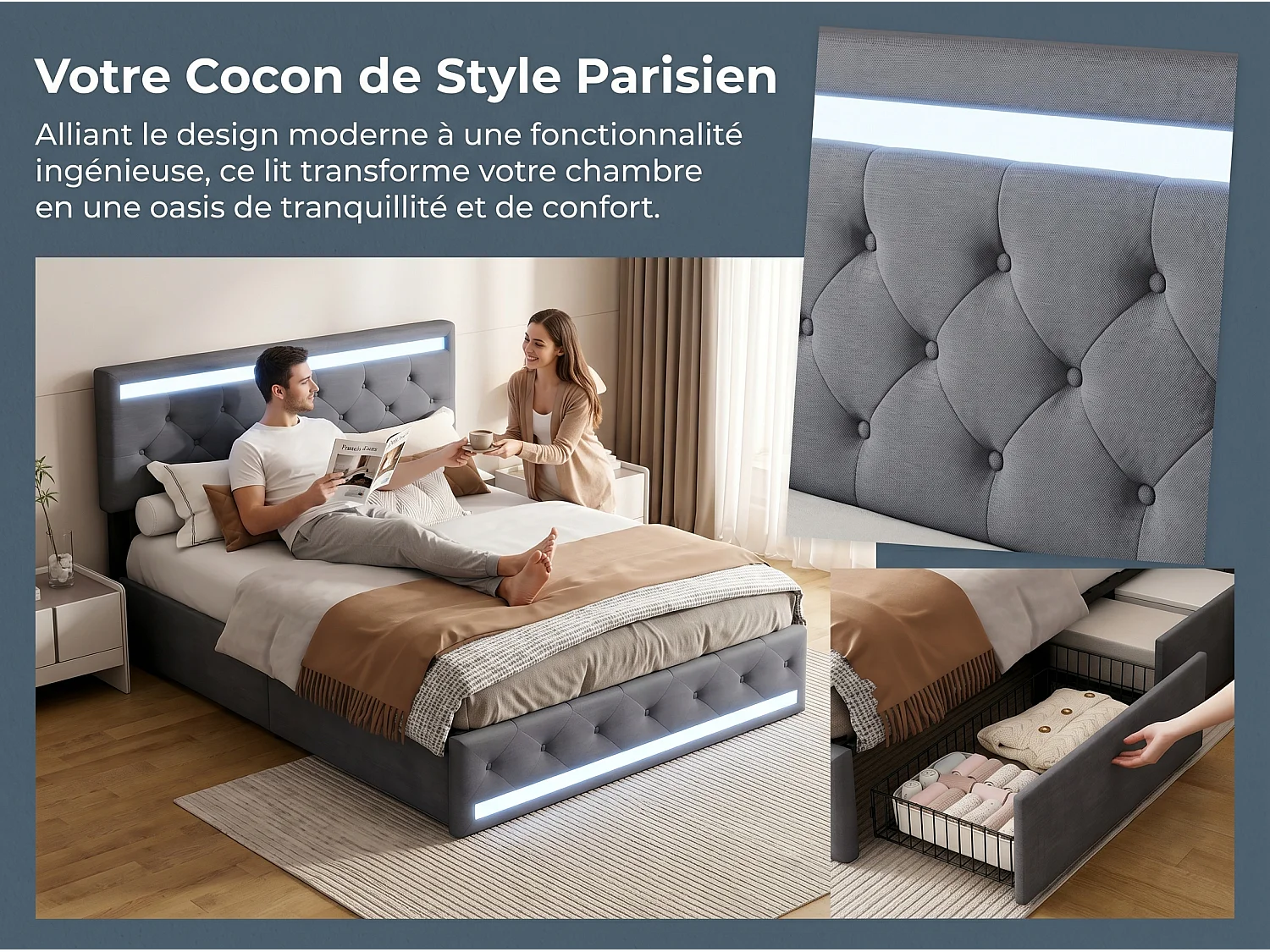 Lit coffre 140x190 cm gris avec tiroirs Lit double en tissu effet lin avec sommier à lattes LED et 4 tiroirs de rangement