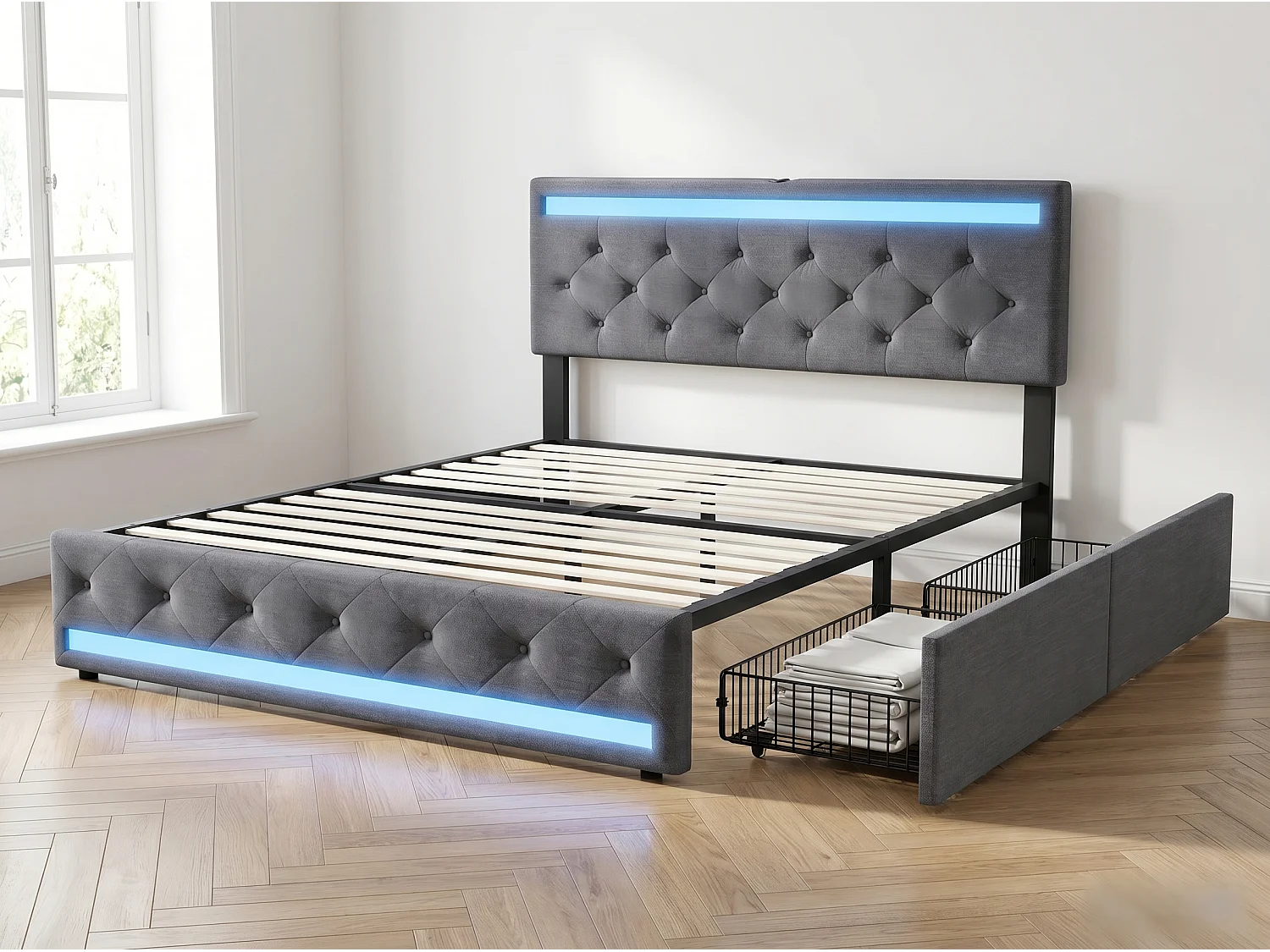Lit coffre 140x190 cm gris avec tiroirs Lit double en tissu effet lin avec sommier à lattes LED et 4 tiroirs de rangement