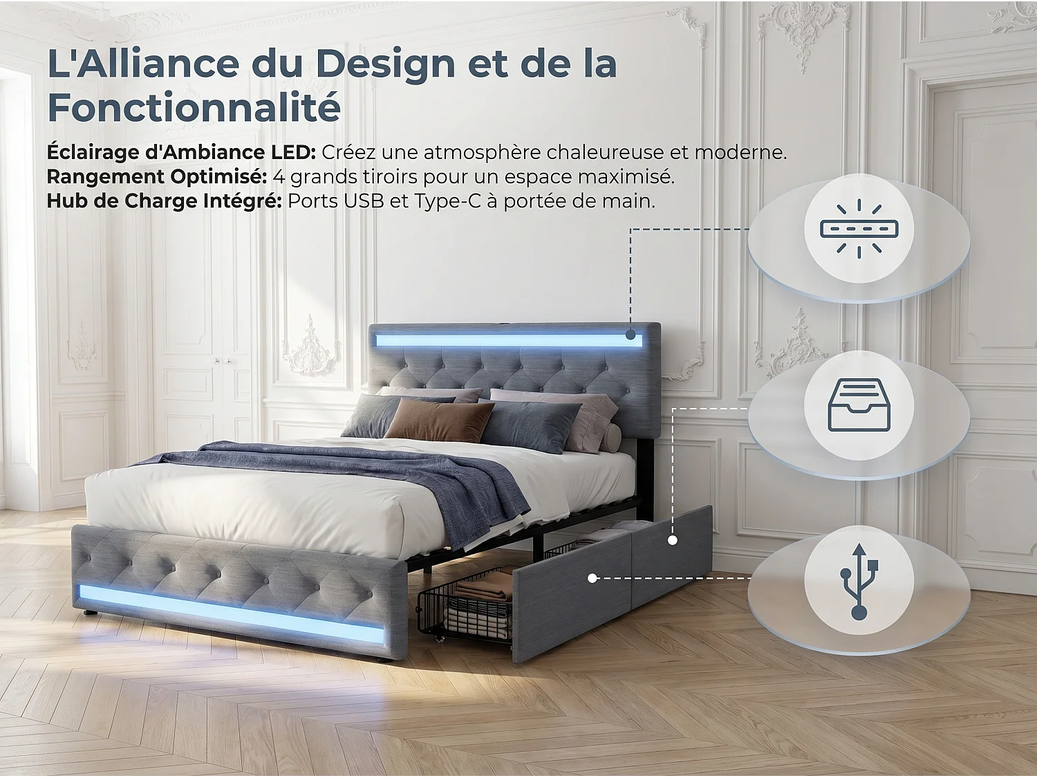 Lit coffre 140x190 cm gris avec tiroirs Lit double en tissu effet lin avec sommier à lattes LED et 4 tiroirs de rangement