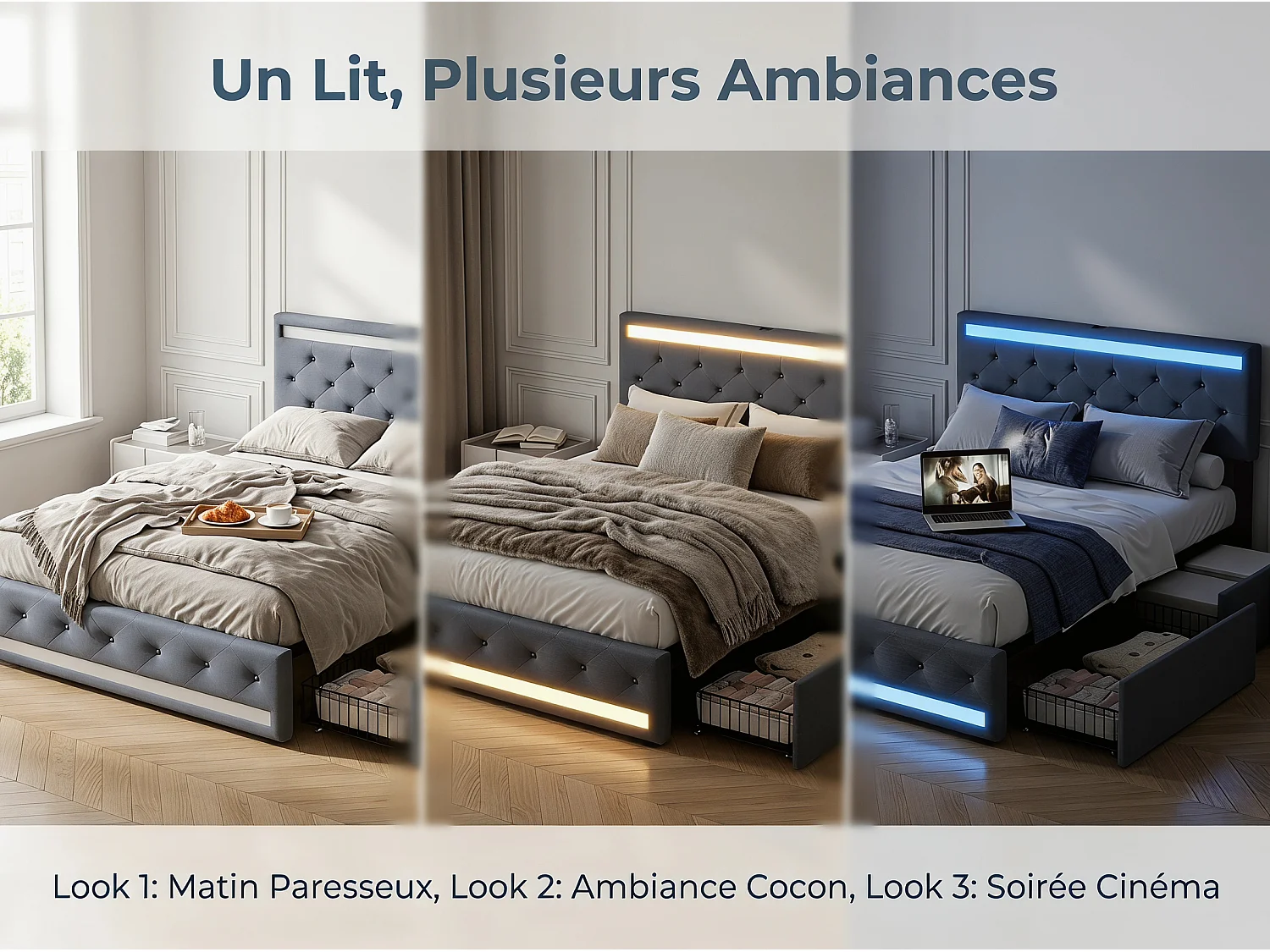 Lit coffre 140x190 cm gris avec tiroirs Lit double en tissu effet lin avec sommier à lattes LED et 4 tiroirs de rangement