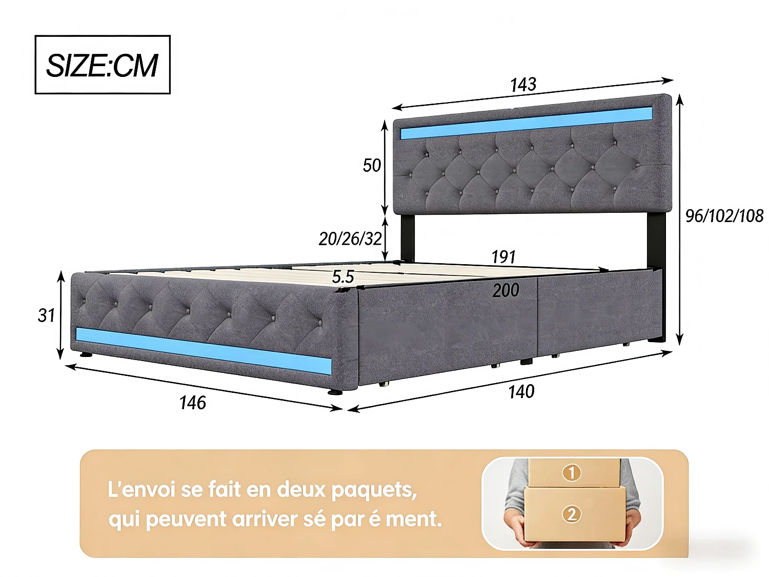 Lit coffre 140x190 cm gris avec tiroirs Lit double en tissu effet lin avec sommier à lattes LED et 4 tiroirs de rangement