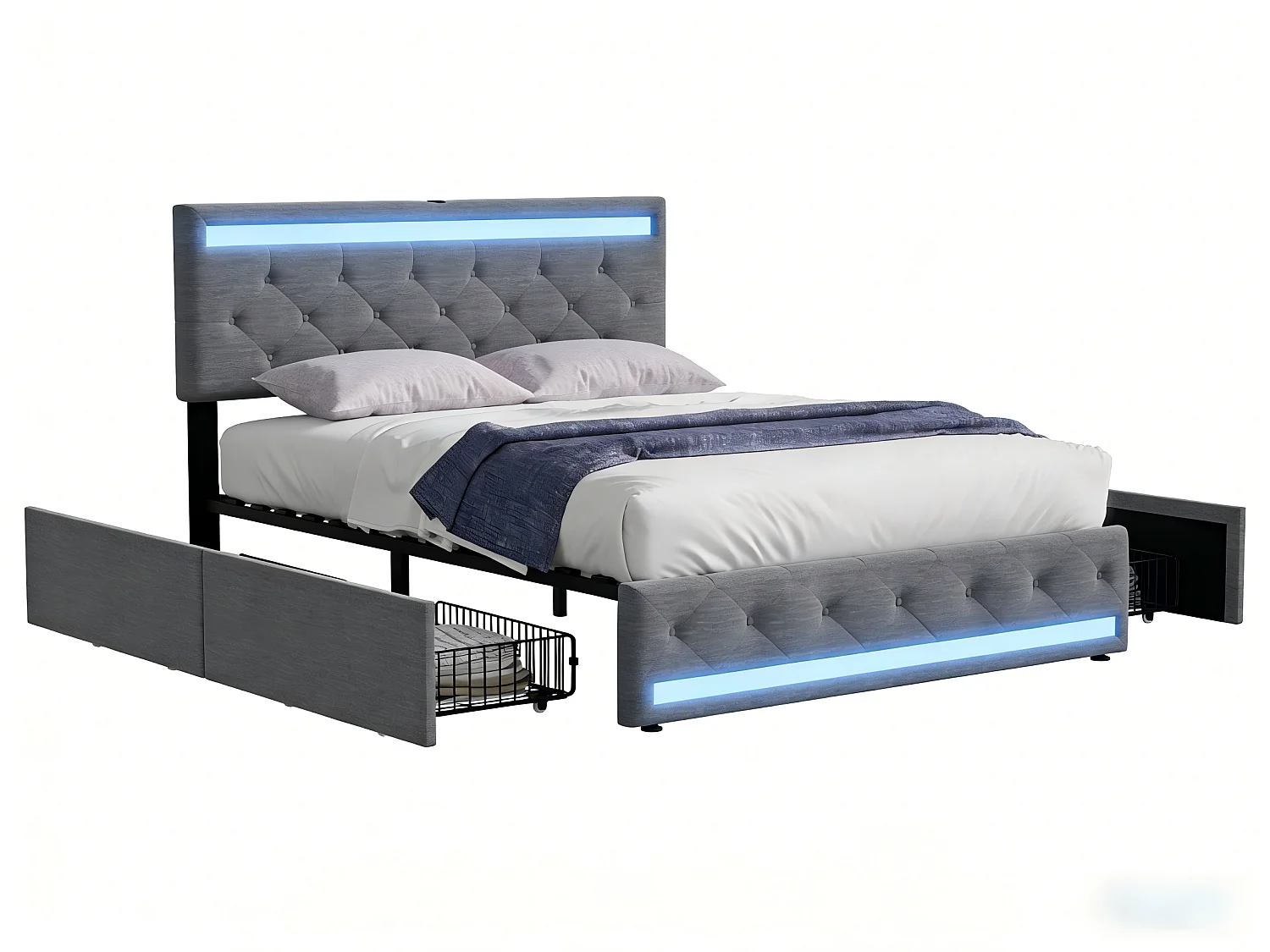 Lit coffre 140x190 cm gris avec tiroirs Lit double en tissu effet lin avec sommier à lattes LED et 4 tiroirs de rangement