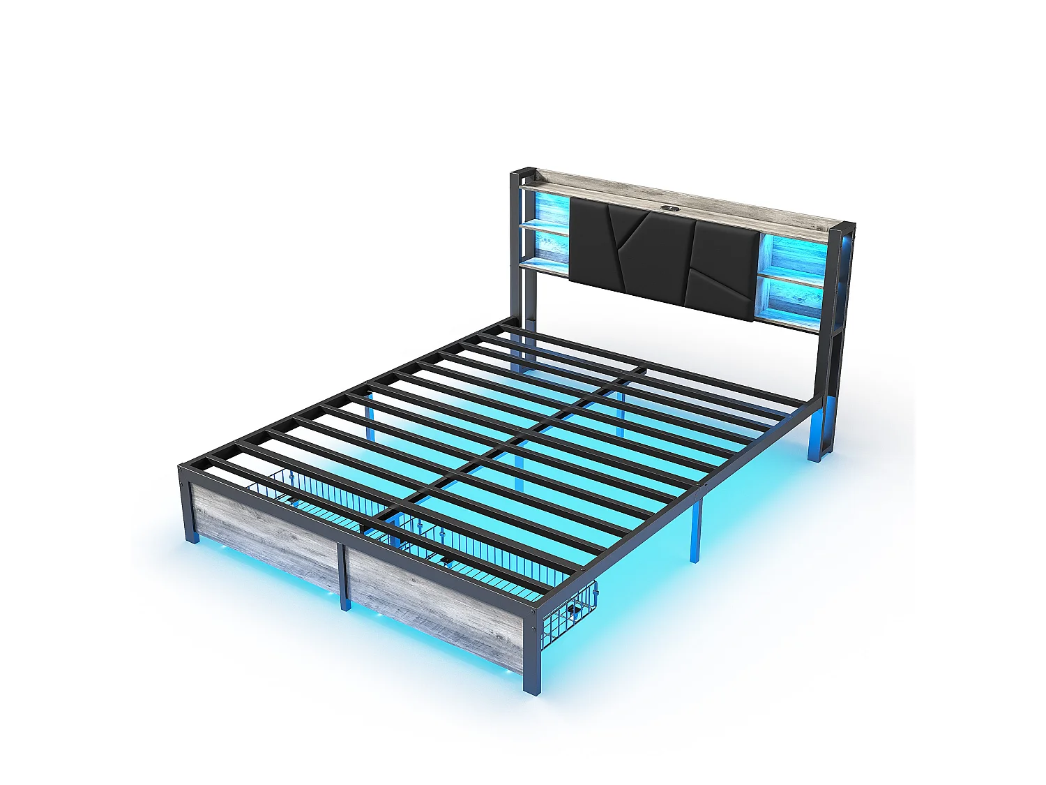 Lit Coffre 160x200 Noir avec Rangement, LED, Tête de Lit avec Étagères - Sommier à lattes - Rangement tiroirs