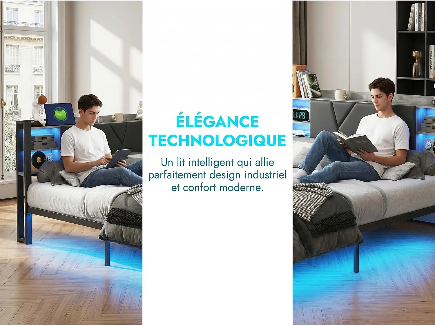 Lit Coffre 160x200 Noir avec Rangement, LED, Tête de Lit avec Étagères - Sommier à lattes - Rangement tiroirs