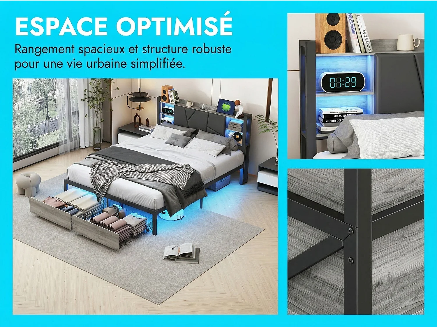 Lit Coffre 160x200 Noir avec Rangement, LED, Tête de Lit avec Étagères - Sommier à lattes - Rangement tiroirs