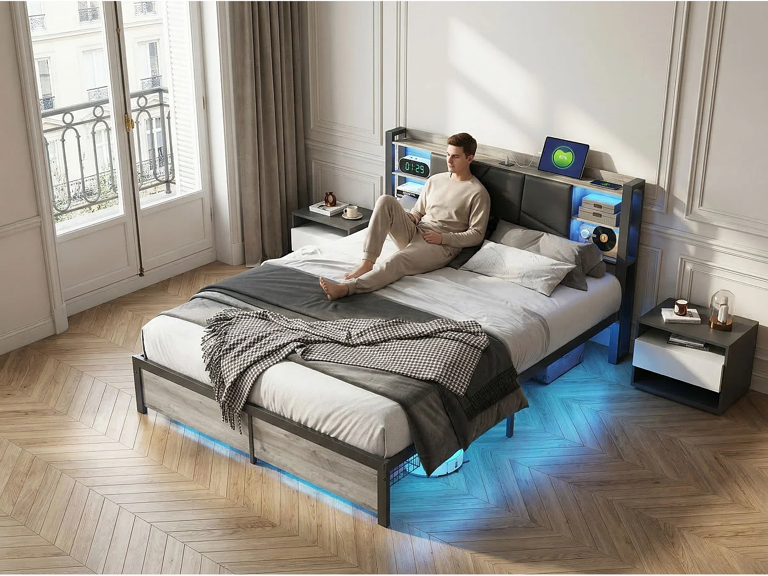 Lit Coffre 160x200 Noir avec Rangement, LED, Tête de Lit avec Étagères - Sommier à lattes - Rangement tiroirs