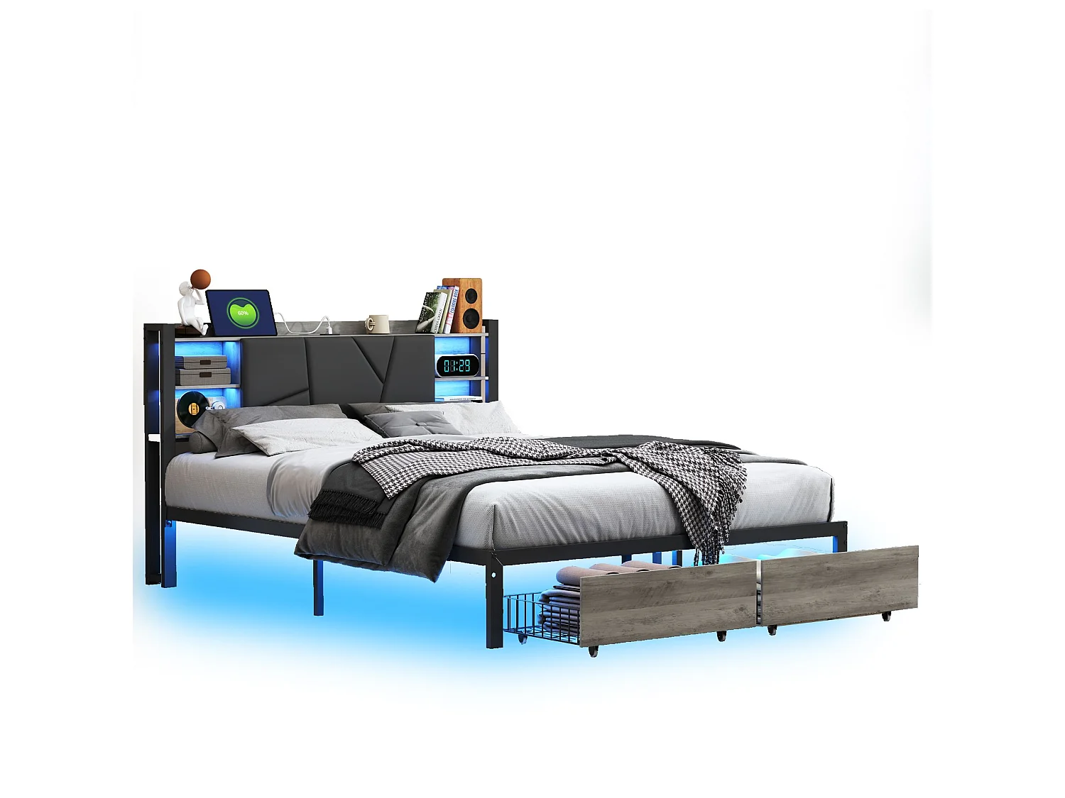 Lit Coffre 160x200 Noir avec Rangement, LED, Tête de Lit avec Étagères - Sommier à lattes - Rangement tiroirs