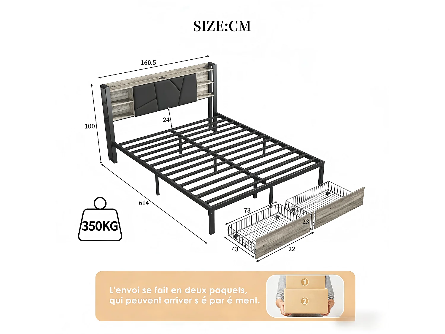 Lit Coffre 160x200 Noir avec Rangement, LED, Tête de Lit avec Étagères - Sommier à lattes - Rangement tiroirs