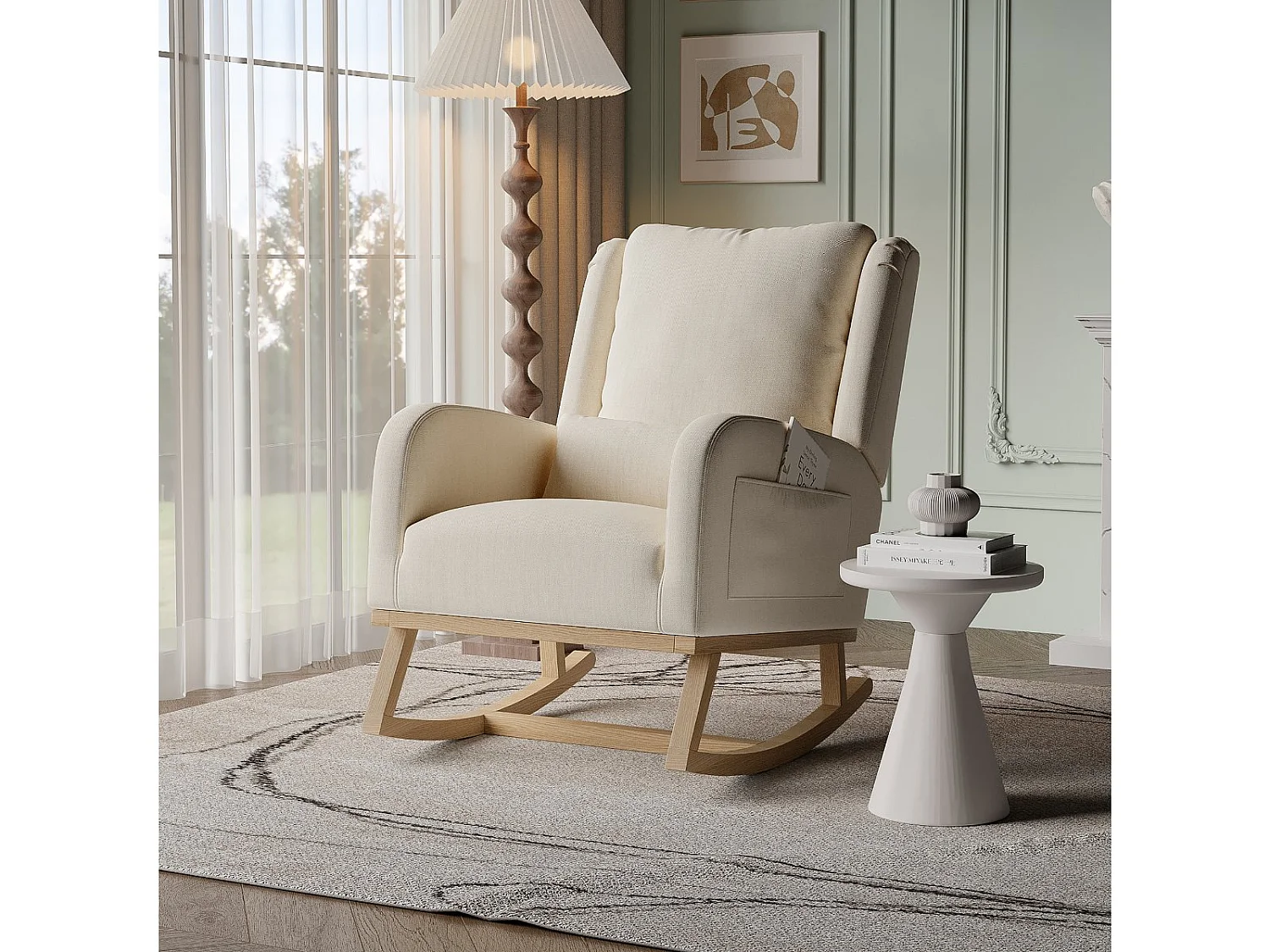 Fauteuil à Bascule, Rocking Chair, Chaise à bascule moderne en tissu lin avec assise rembourrée et structure en bois, accoudoirs larges, beige