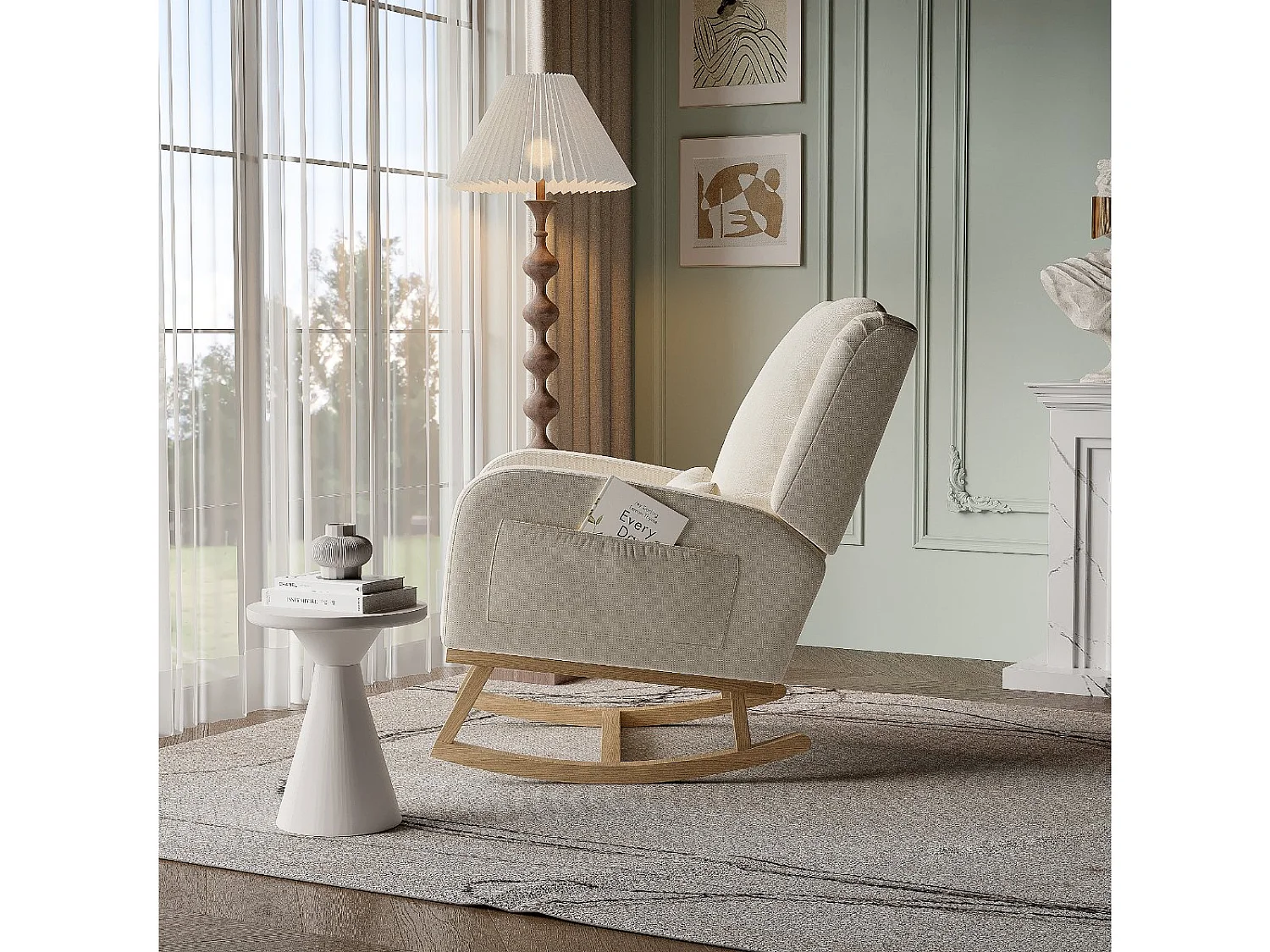 Fauteuil à Bascule, Rocking Chair, Chaise à bascule moderne en tissu lin avec assise rembourrée et structure en bois, accoudoirs larges, beige