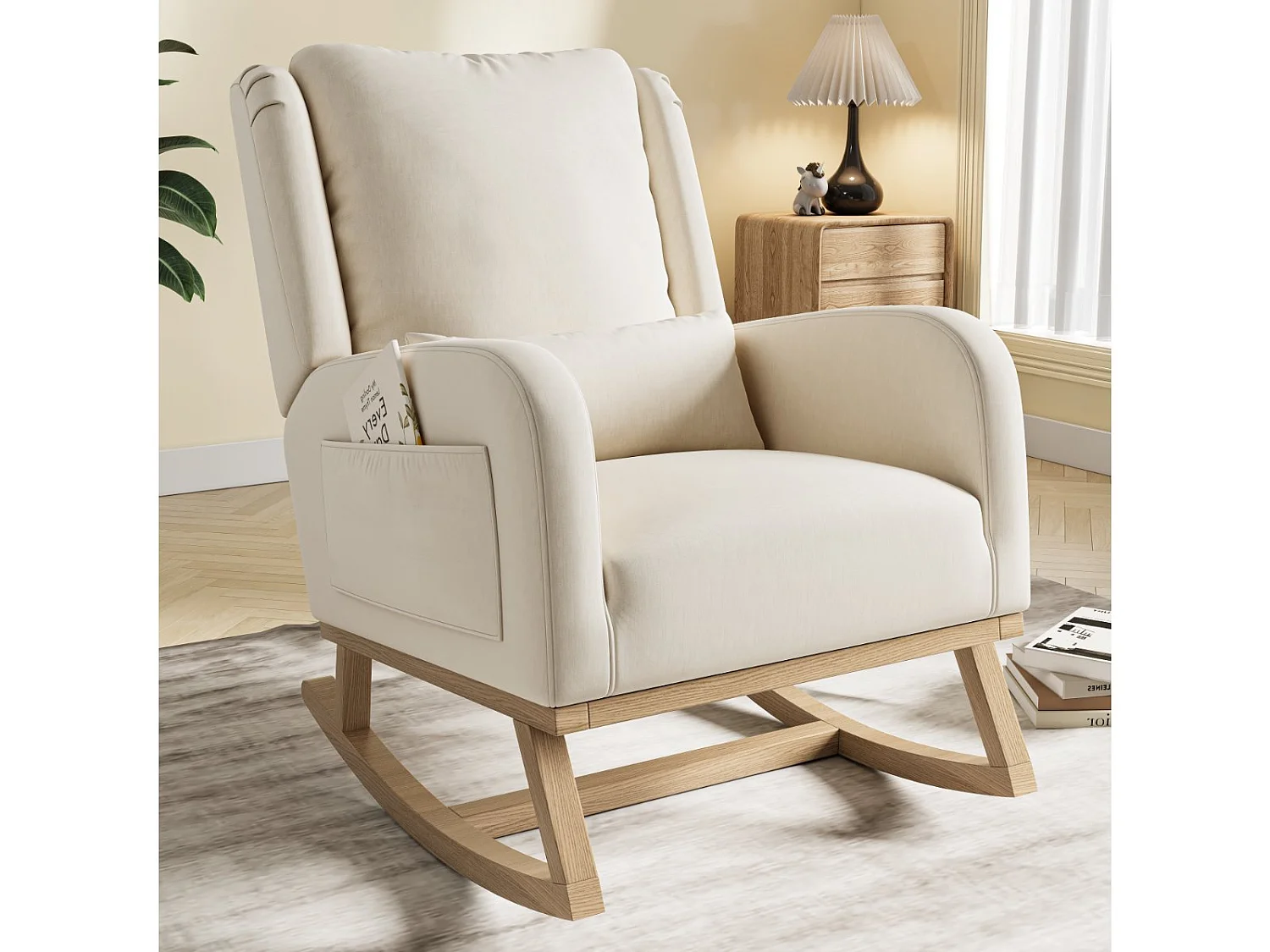 Fauteuil à Bascule, Rocking Chair, Chaise à bascule moderne en tissu lin avec assise rembourrée et structure en bois, accoudoirs larges, beige