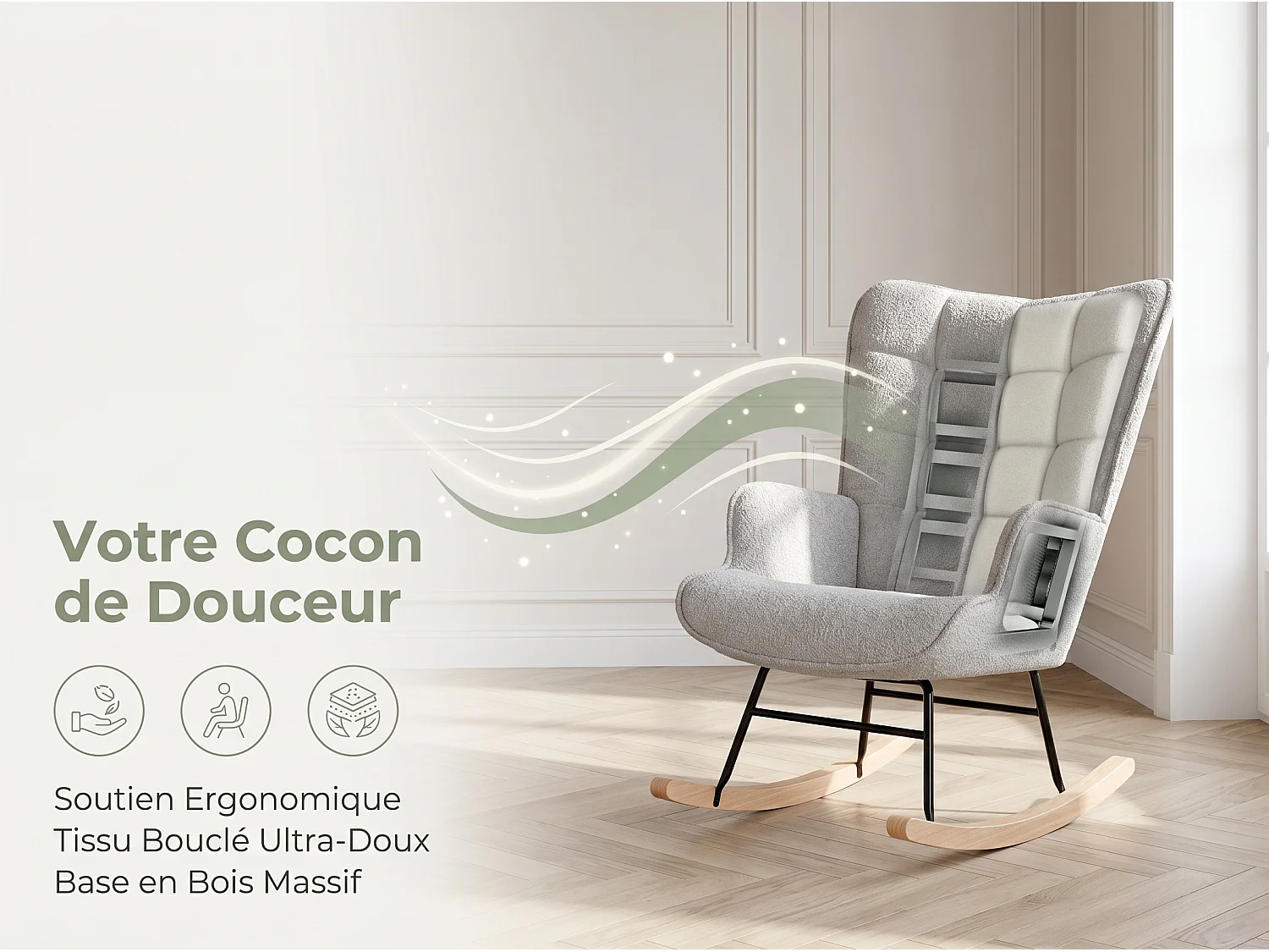 Fauteuil à Bascule Adulte - Chaise à Bascule d'extérieur Ergonomique - pour Salon - Jardin - Chambre - Beige