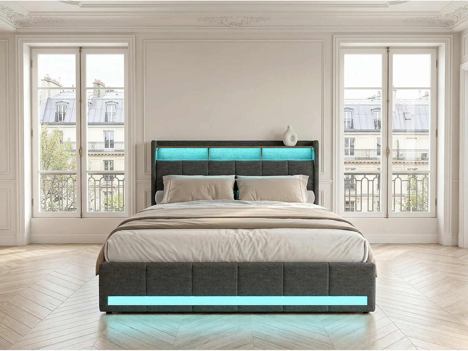 Lit double 160x200 avec rangement en lin, cadre de lit rembourré, 4 tiroirs coulissants, sommier à lattes, tête de lit LED, Gris