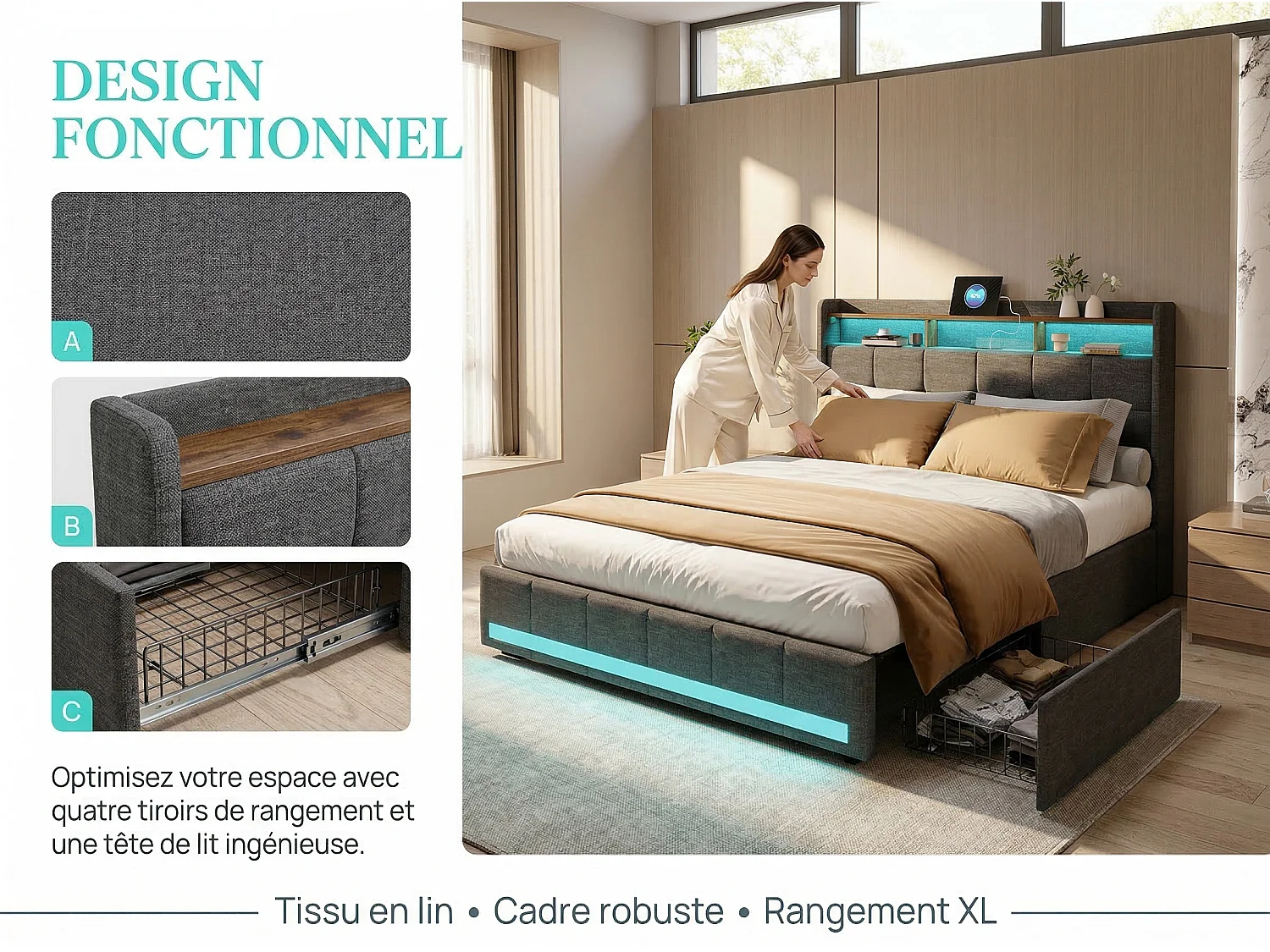 Lit double 160x200 avec rangement en lin, cadre de lit rembourré, 4 tiroirs coulissants, sommier à lattes, tête de lit LED, Gris