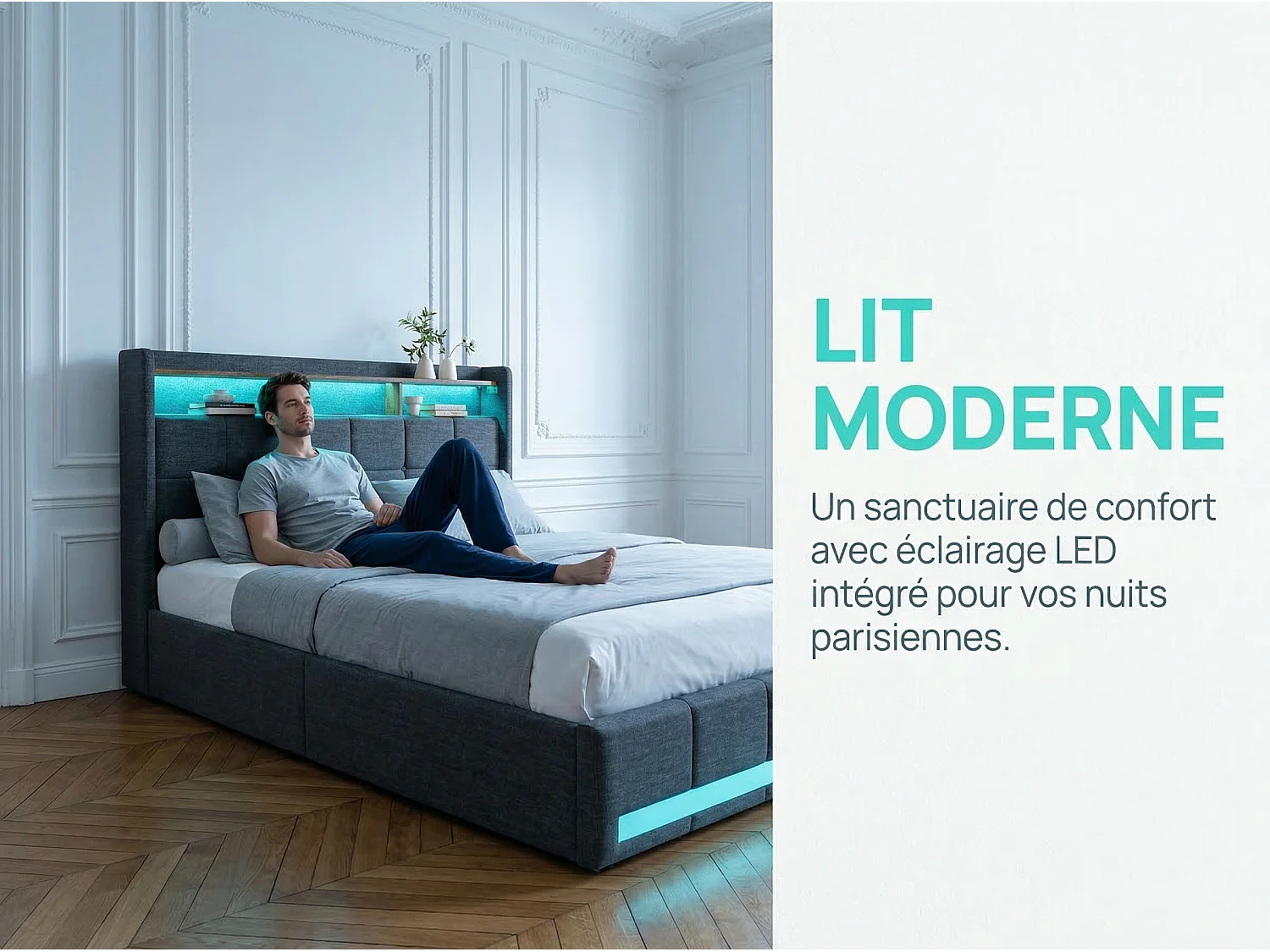 Lit double 160x200 avec rangement en lin, cadre de lit rembourré, 4 tiroirs coulissants, sommier à lattes, tête de lit LED, Gris