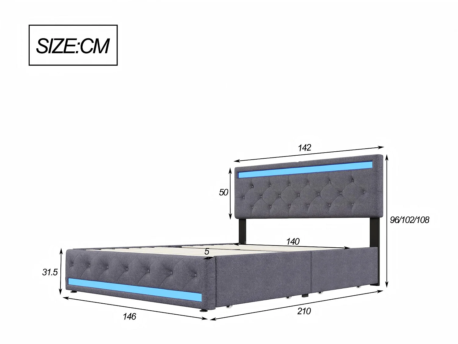 Lit coffre 140x200 cm gris avec tiroirs Lit double en tissu effet lin avec sommier à lattes LED et 4 tiroirs de rangement