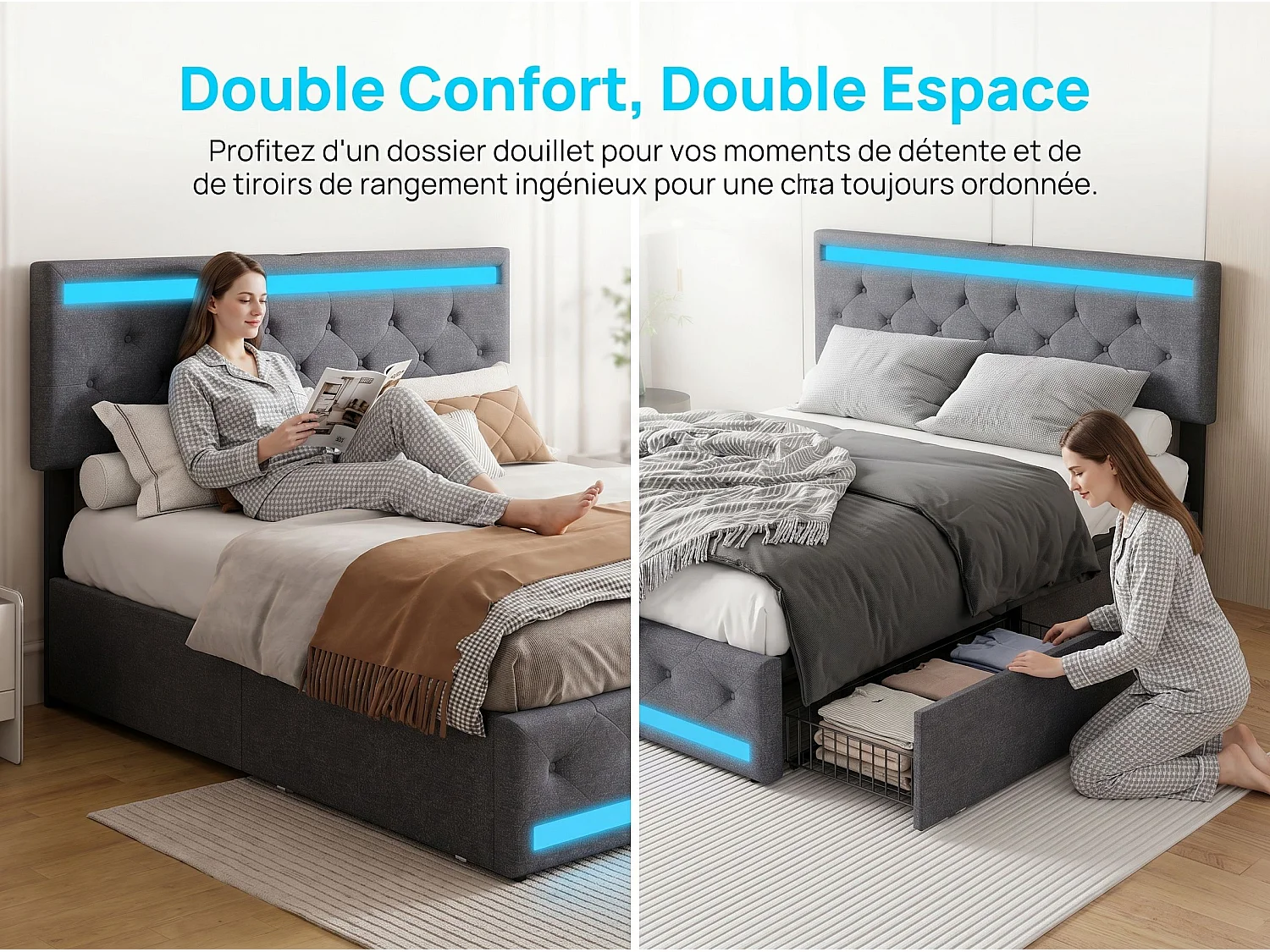 Lit coffre 140x200 cm gris avec tiroirs Lit double en tissu effet lin avec sommier à lattes LED et 4 tiroirs de rangement
