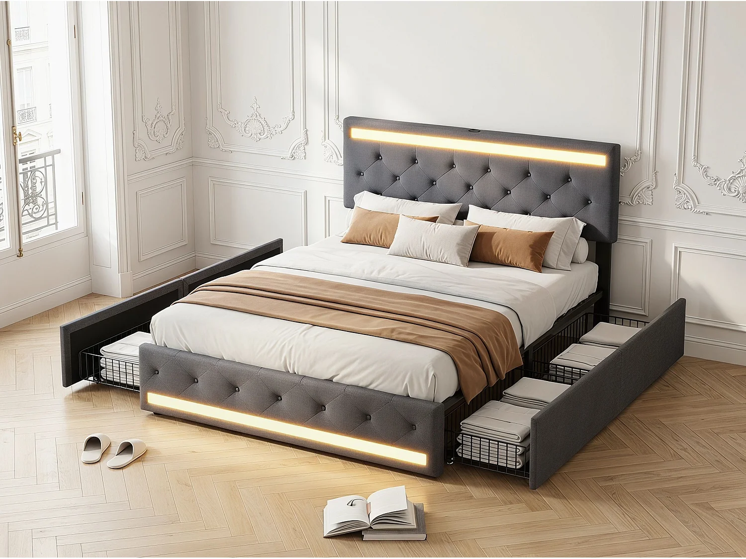 Lit coffre 140x200 cm gris avec tiroirs Lit double en tissu effet lin avec sommier à lattes LED et 4 tiroirs de rangement