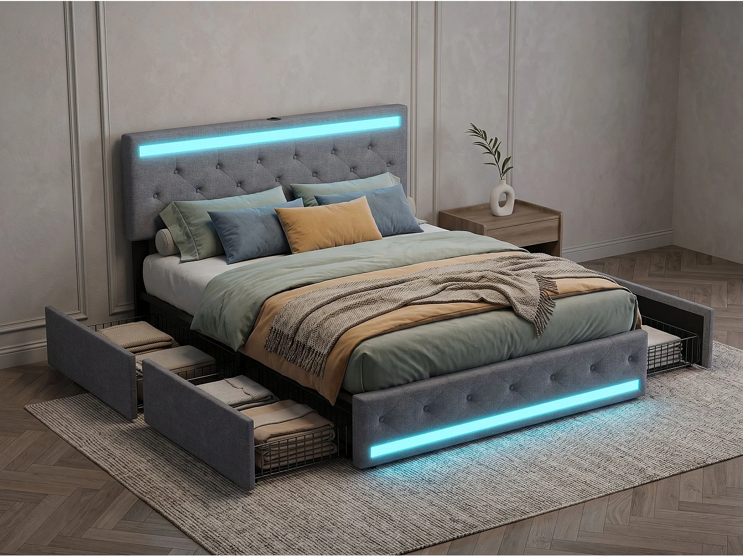 Lit coffre 140x200 cm gris avec tiroirs Lit double en tissu effet lin avec sommier à lattes LED et 4 tiroirs de rangement