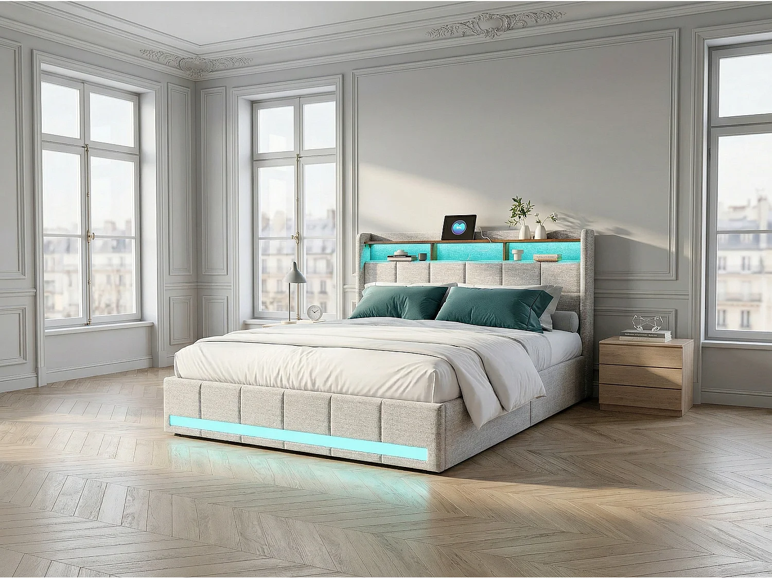 Lit double 160x200 avec rangement en lin, cadre de lit rembourré, 4 tiroirs coulissants, sommier à lattes, tête de lit LED, Beige