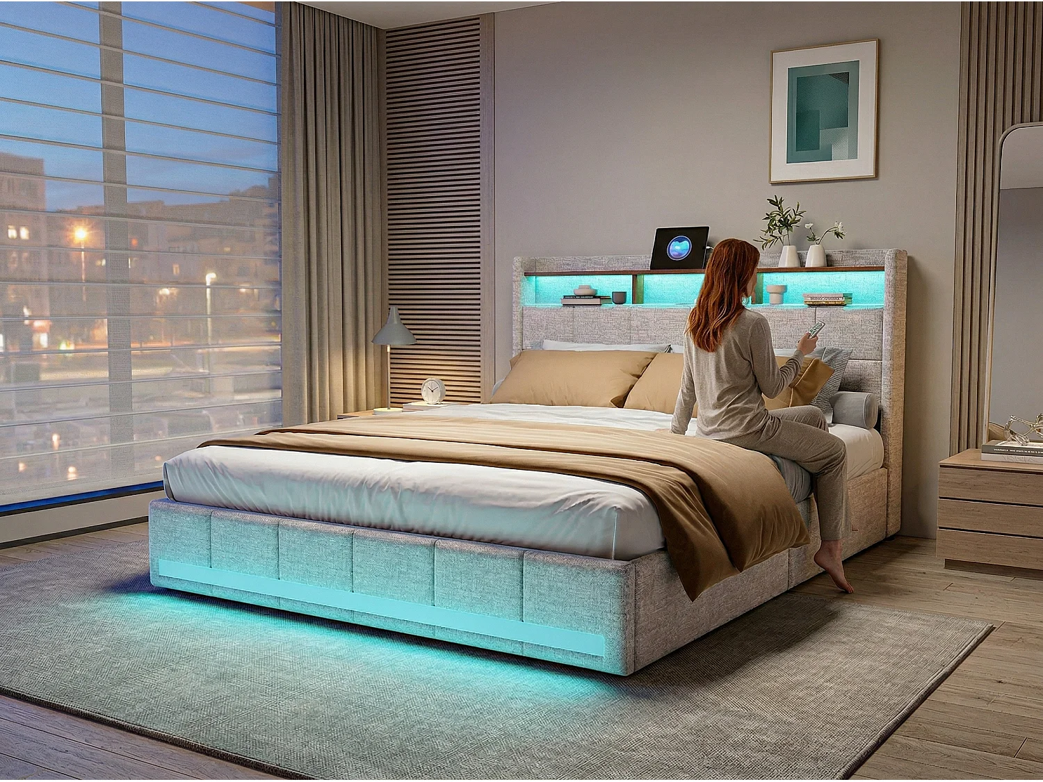 Lit double 160x200 avec rangement en lin, cadre de lit rembourré, 4 tiroirs coulissants, sommier à lattes, tête de lit LED, Beige