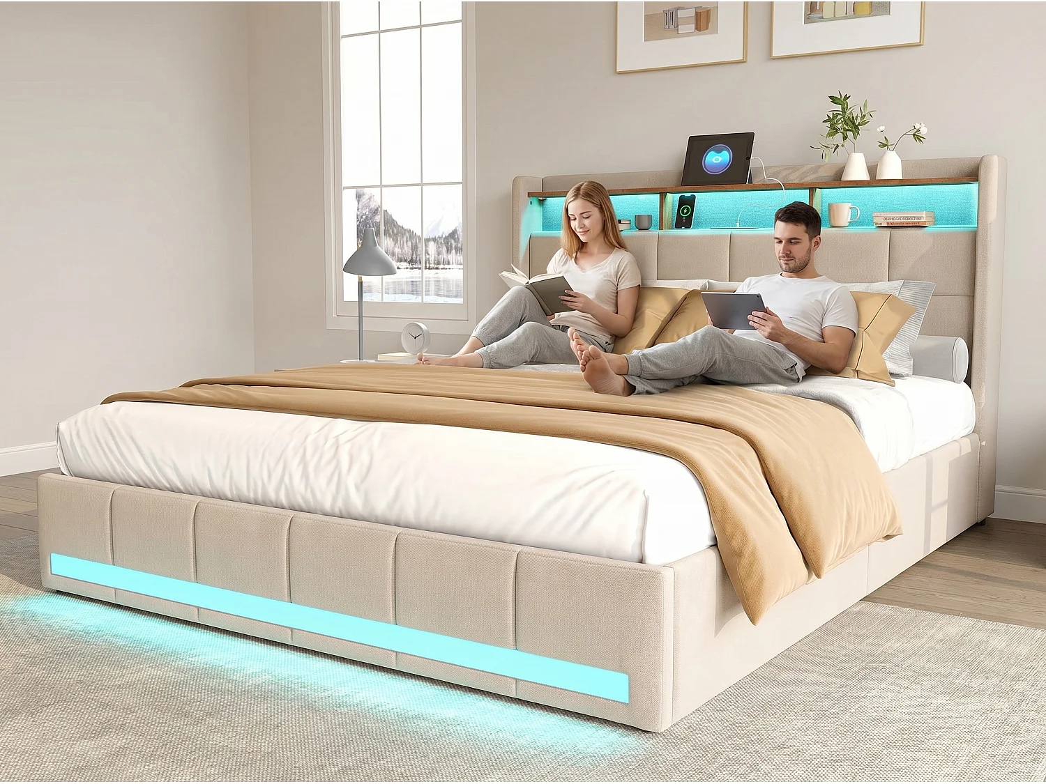 Lit double 160x200 avec rangement en lin, cadre de lit rembourré, 4 tiroirs coulissants, sommier à lattes, tête de lit LED, Beige