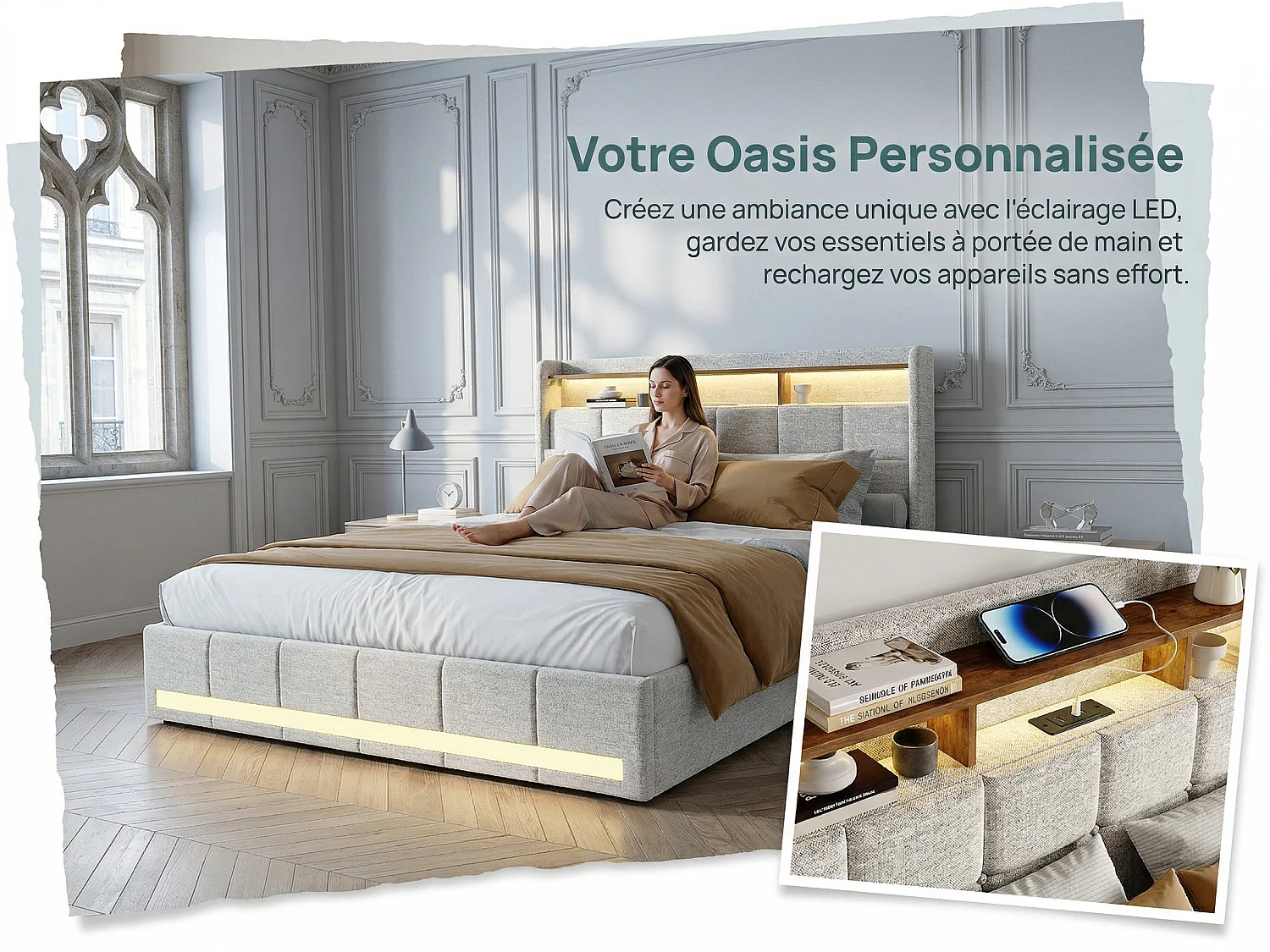 Lit double 160x200 avec rangement en lin, cadre de lit rembourré, 4 tiroirs coulissants, sommier à lattes, tête de lit LED, Beige