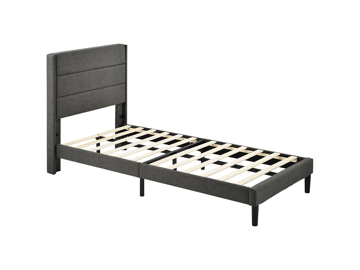 Lit 90x200 en lin gris foncé, tête de lit rembourrée, sommier lattes, lit une place