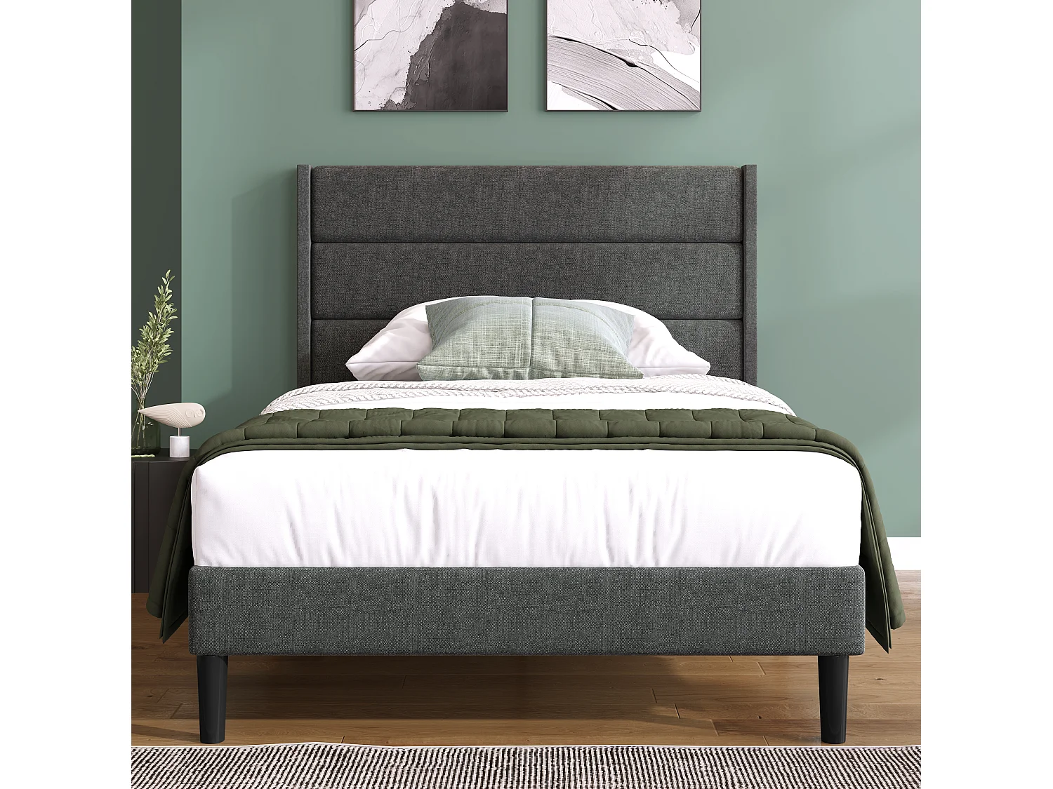 Lit 90x200 en lin gris foncé, tête de lit rembourrée, sommier lattes, lit une place