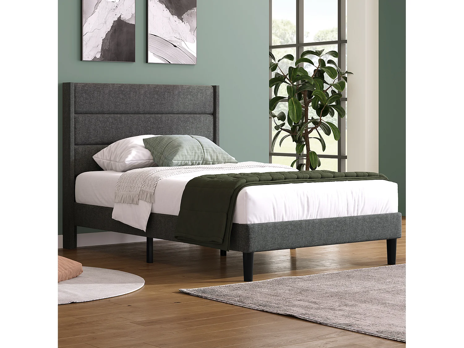 Lit 90x200 en lin gris foncé, tête de lit rembourrée, sommier lattes, lit une place