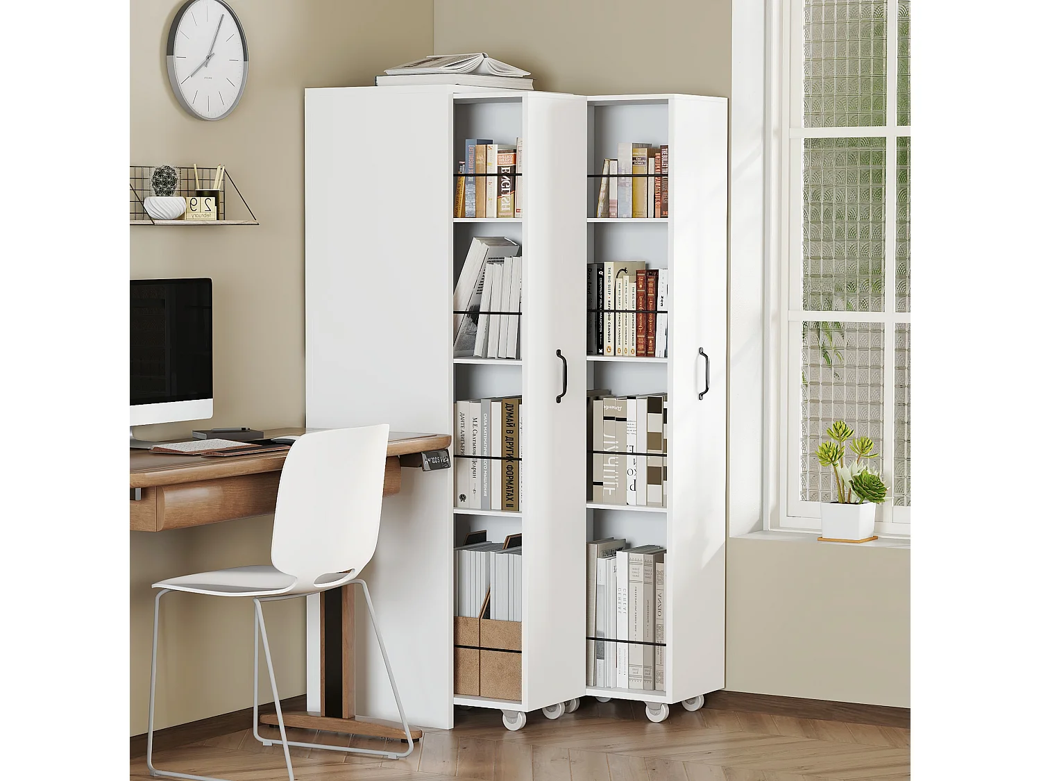 Colonne de rangement blanche mobile, 4 niveaux, 20 kg/niveau, modulable, gain de place, bureau
