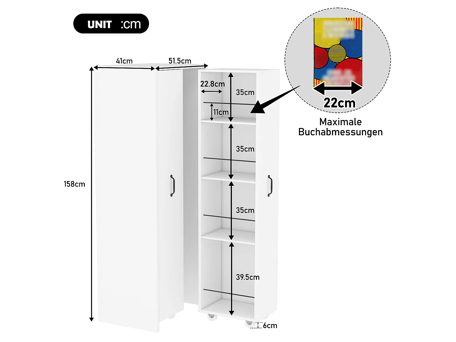 Colonne de rangement blanche mobile, 4 niveaux, 20 kg/niveau, modulable, gain de place, bureau