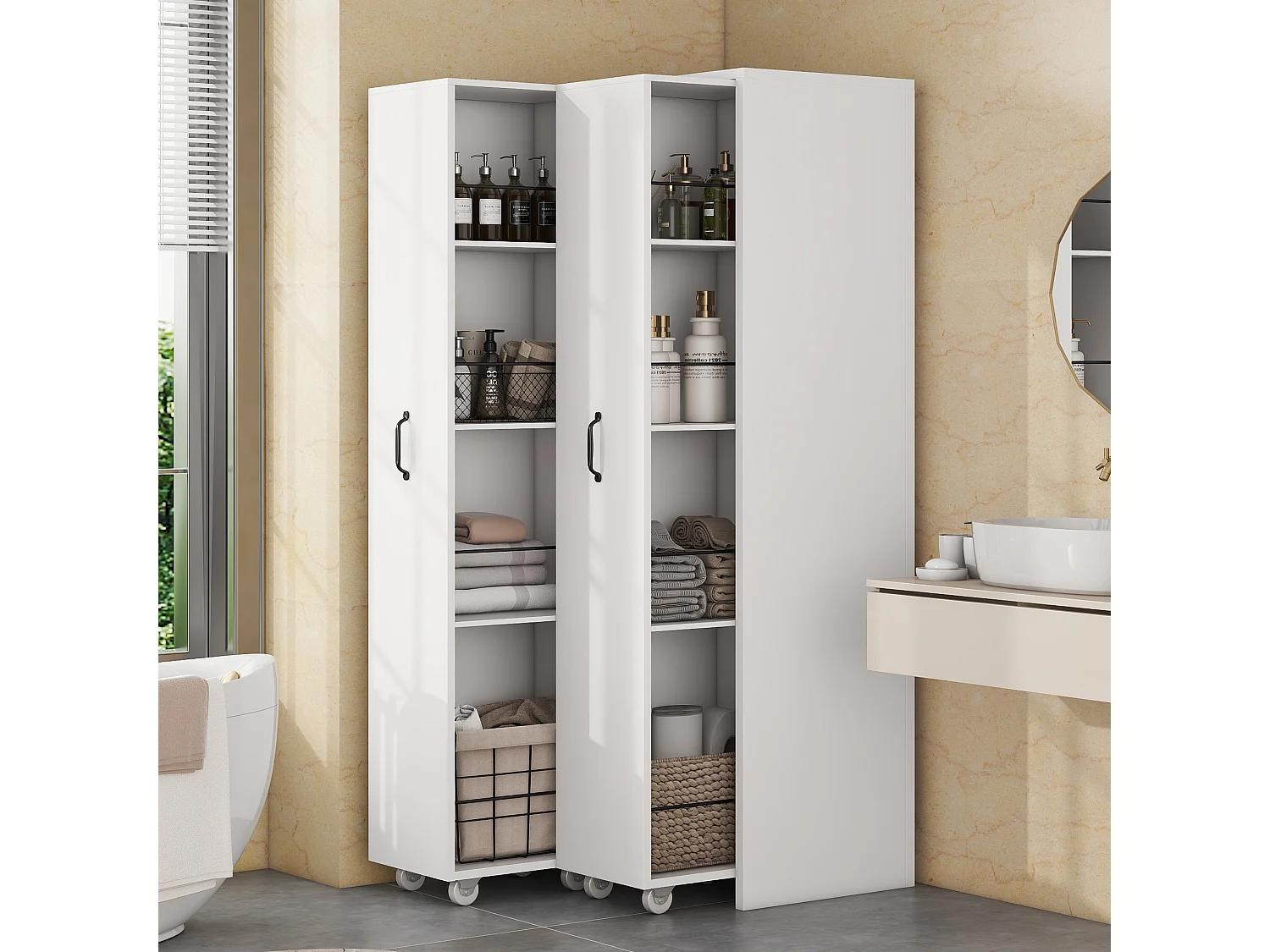 Colonne de rangement blanche mobile, 4 niveaux, 20 kg/niveau, modulable, gain de place, bureau
