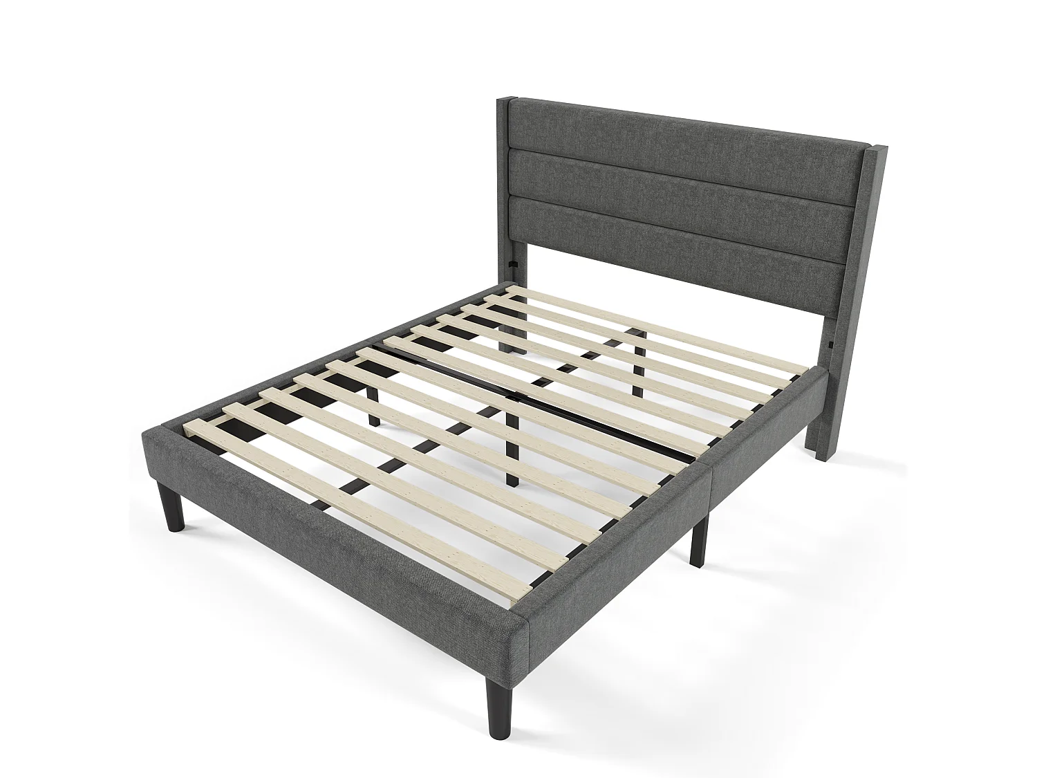 Lit double 140x200 en lin gris foncé, tête de lit rembourrée, sommier lattes, design moderne