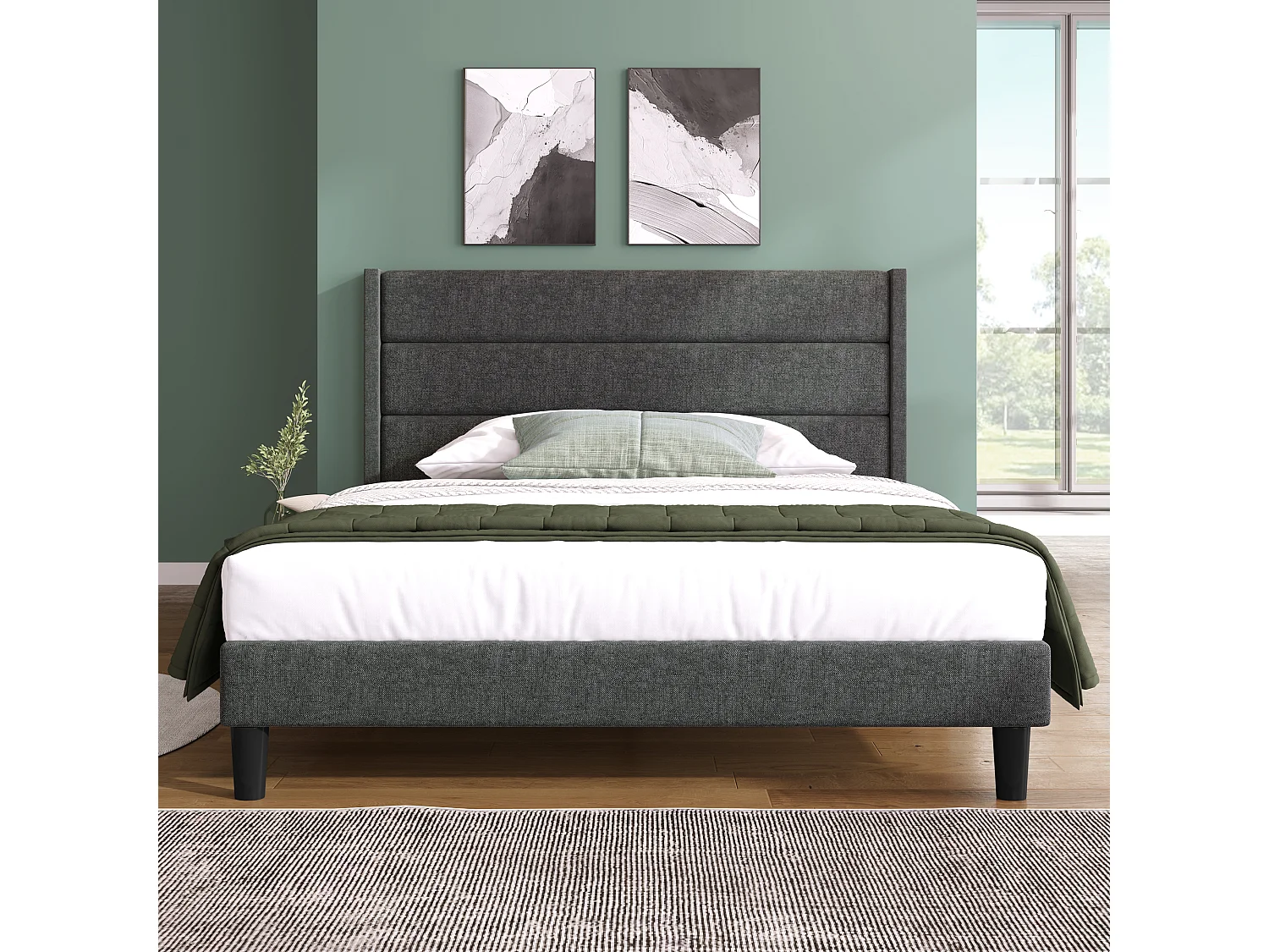 Lit double 140x200 en lin gris foncé, tête de lit rembourrée, sommier lattes, design moderne