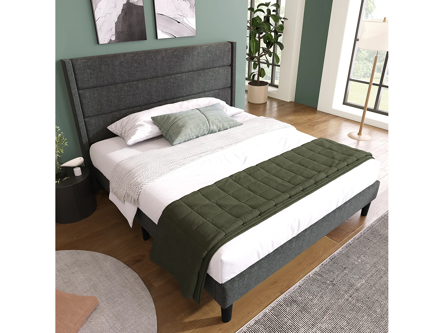 Lit double 140x200 en lin gris foncé, tête de lit rembourrée, sommier lattes, design moderne