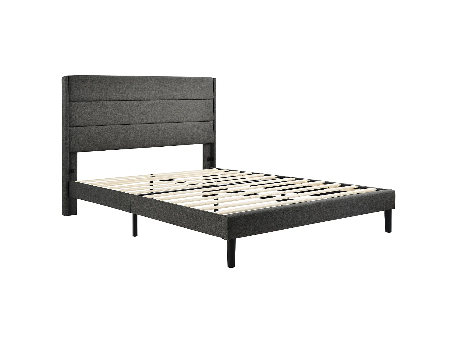 Lit double 140x200 en lin gris foncé, tête de lit rembourrée, sommier lattes, design moderne