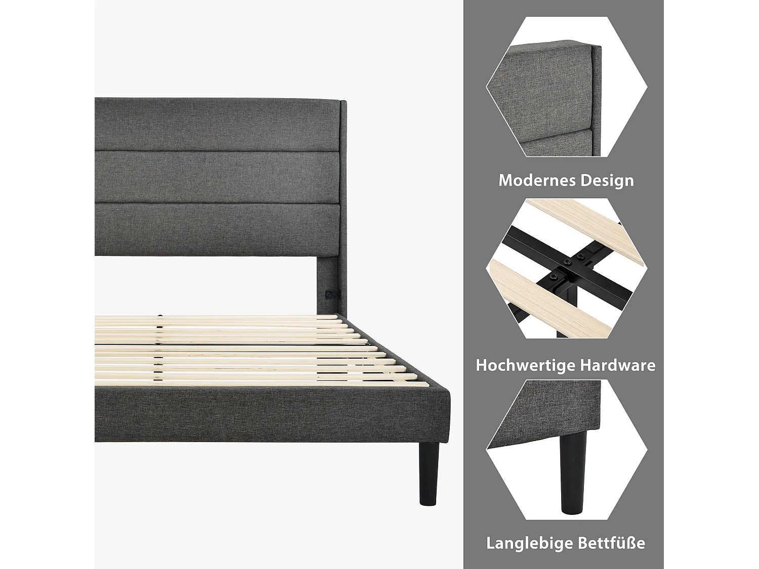 Lit double 140x200 en lin gris foncé, tête de lit rembourrée, sommier lattes, design moderne