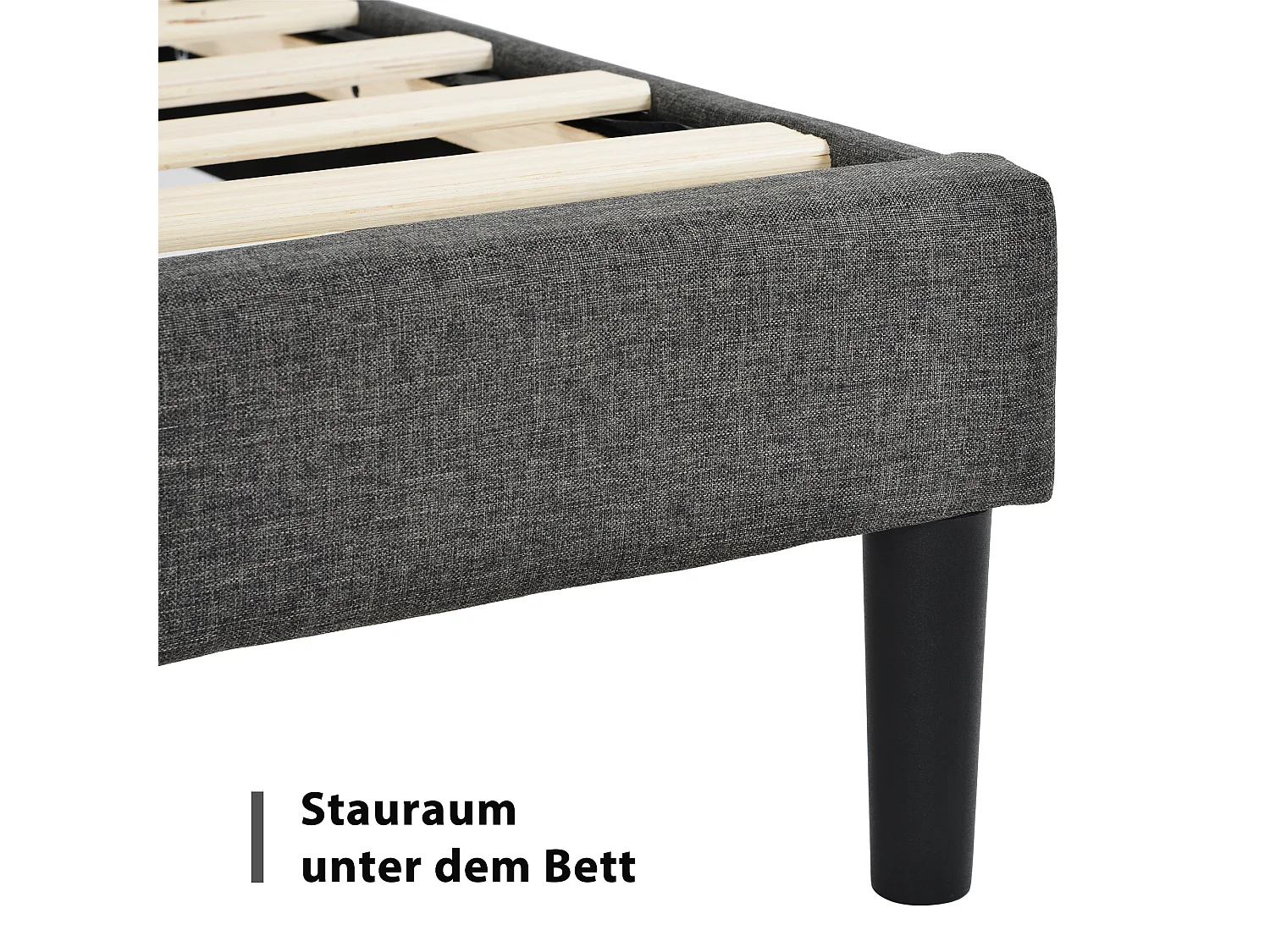 Lit double 140x200 en lin gris foncé, tête de lit rembourrée, sommier lattes, design moderne