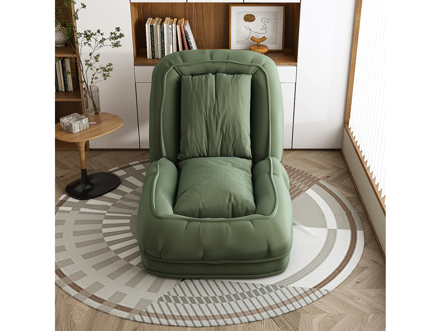 Fauteuil convertible pliable vert, dossier 5 positions, 2 coussins, lit d'appoint, salon