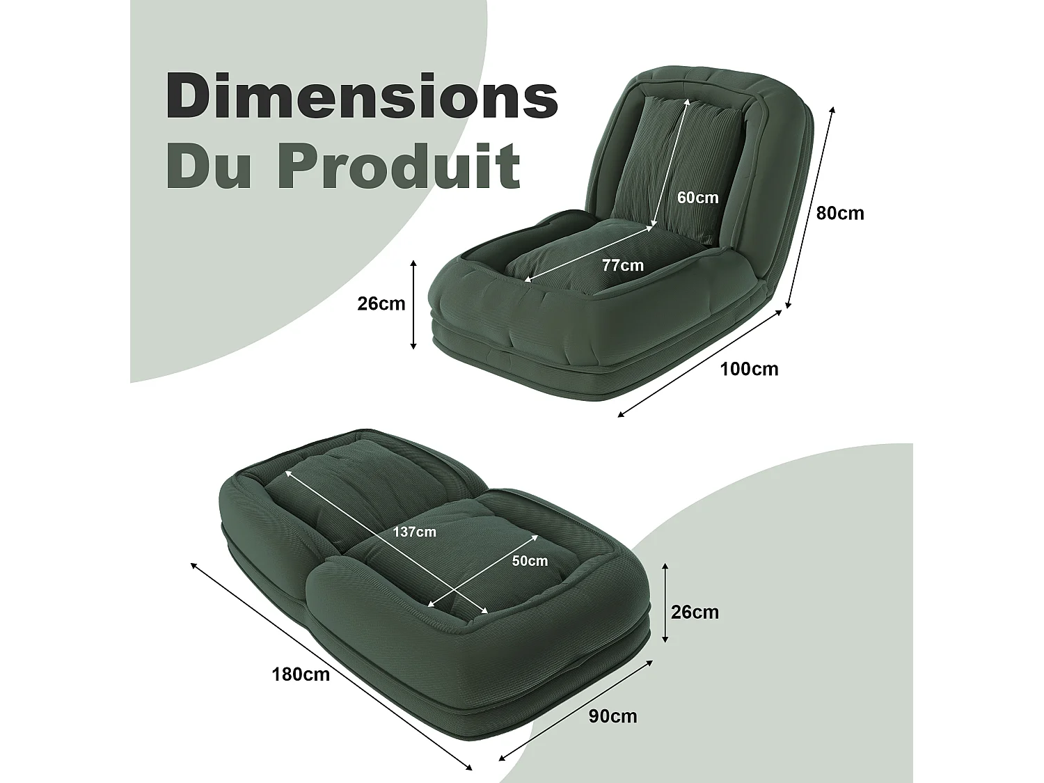 Fauteuil convertible pliable vert, dossier 5 positions, 2 coussins, lit d'appoint, salon