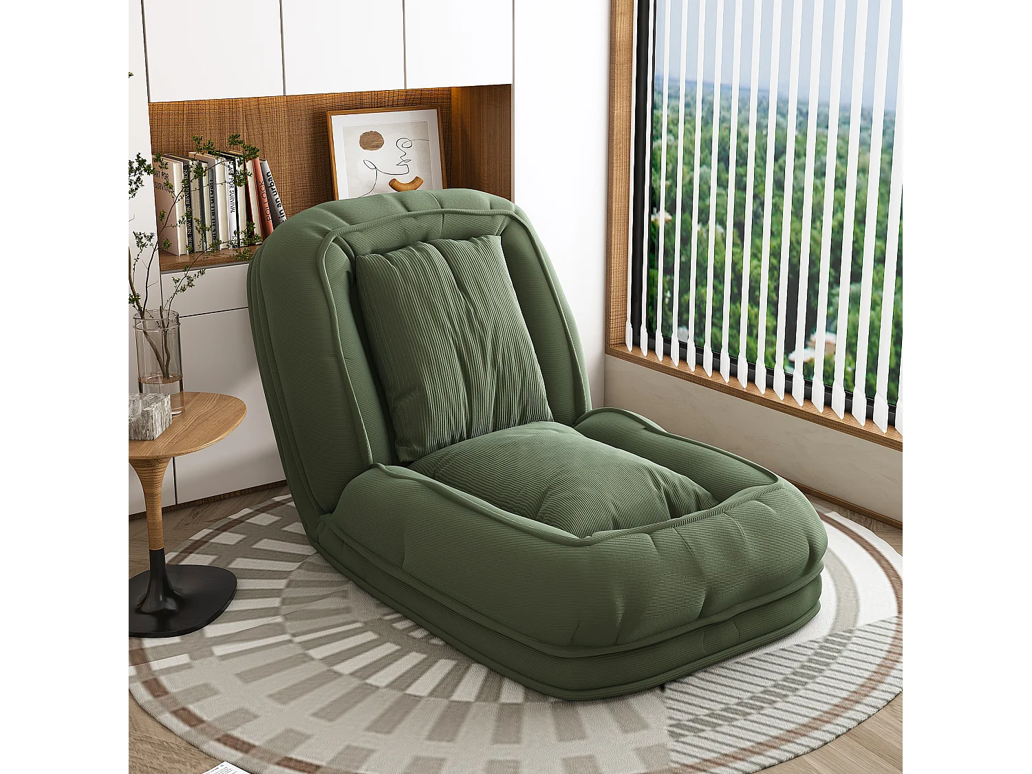 Fauteuil convertible pliable vert, dossier 5 positions, 2 coussins, lit d'appoint, salon