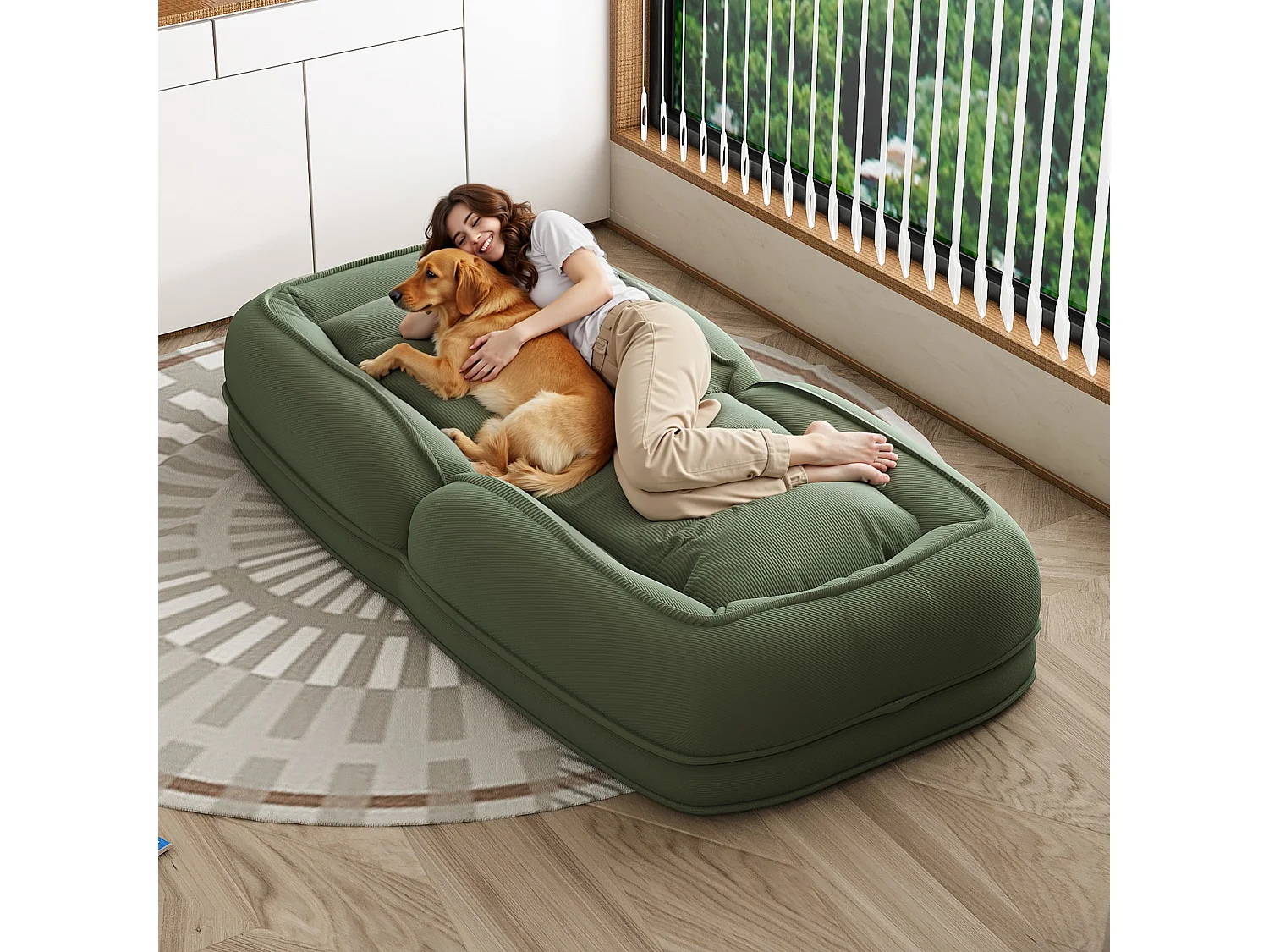 Fauteuil convertible pliable vert, dossier 5 positions, 2 coussins, lit d'appoint, salon