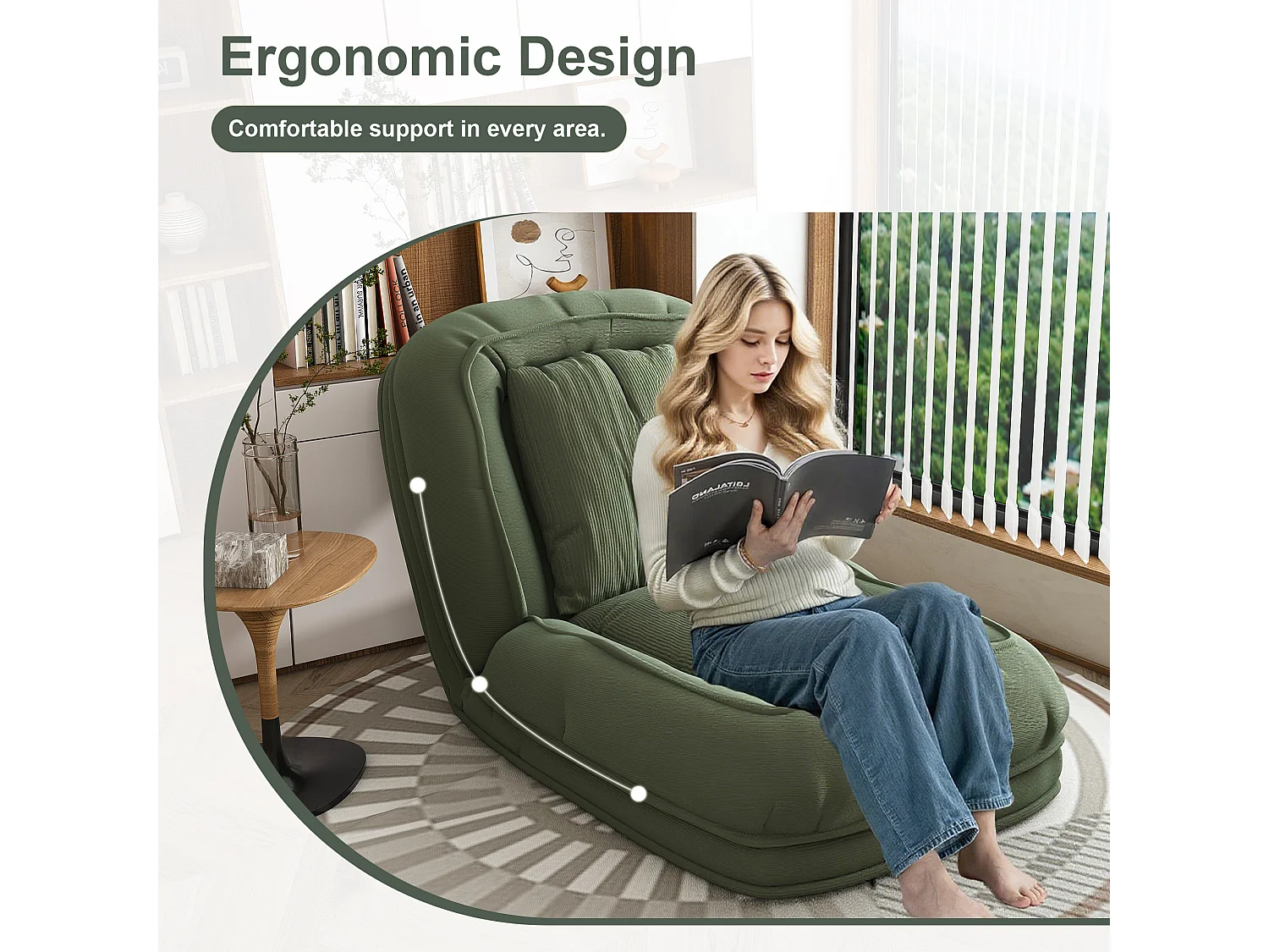 Fauteuil convertible pliable vert, dossier 5 positions, 2 coussins, lit d'appoint, salon