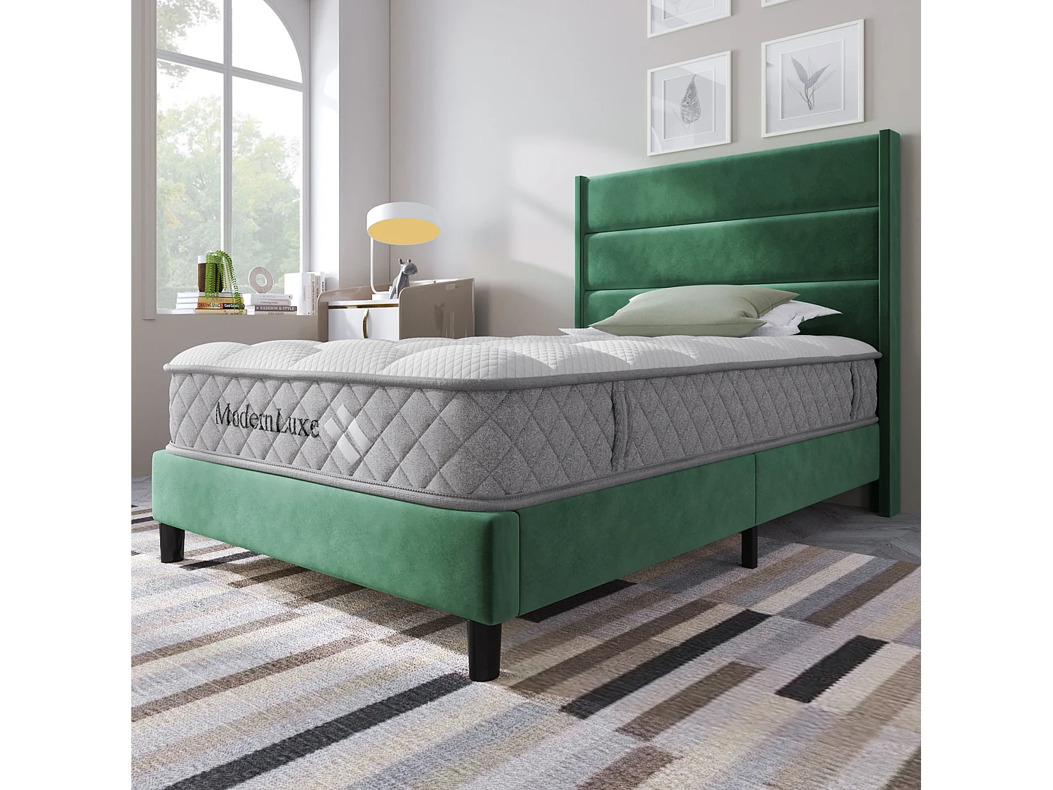 Lit complet 90x200 velours vert foncé, tête rembourrée, sommier lattes, matelas inclus, une place