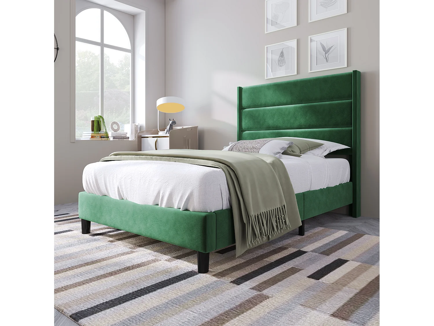 Lit complet 90x200 velours vert foncé, tête rembourrée, sommier lattes, matelas inclus, une place