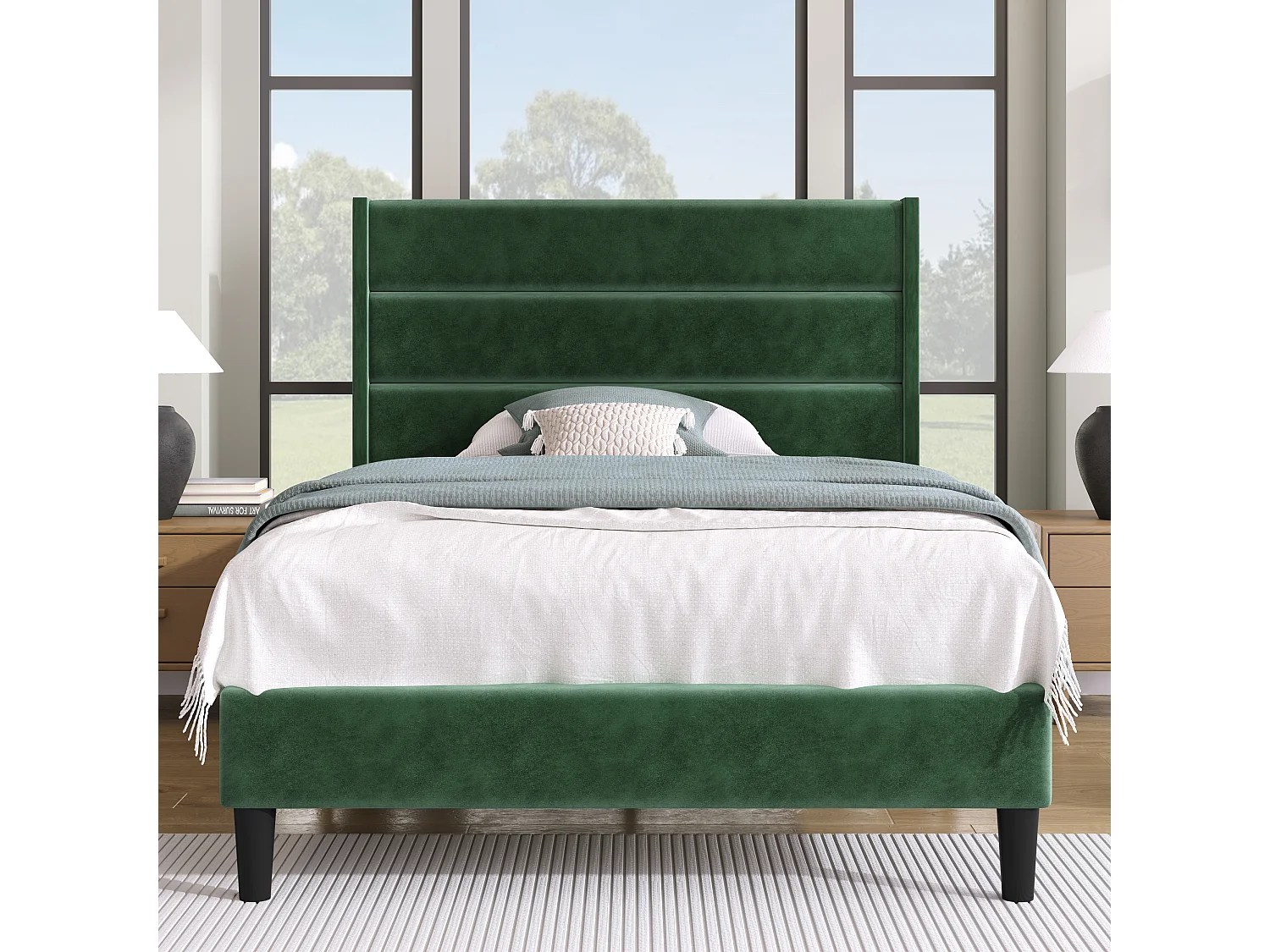 Lit complet 90x200 velours vert foncé, tête rembourrée, sommier lattes, matelas inclus, une place